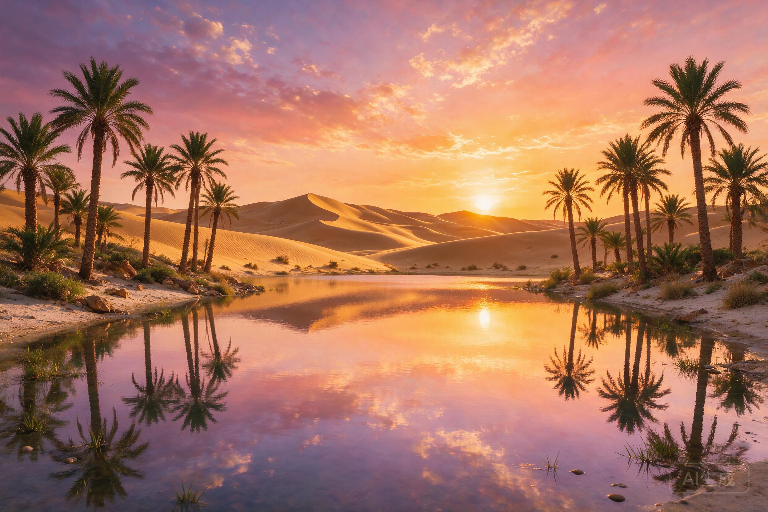 Desert oasis at sunset, palm trees reflected in still water, golden sand dunes, warm orange and purple sky