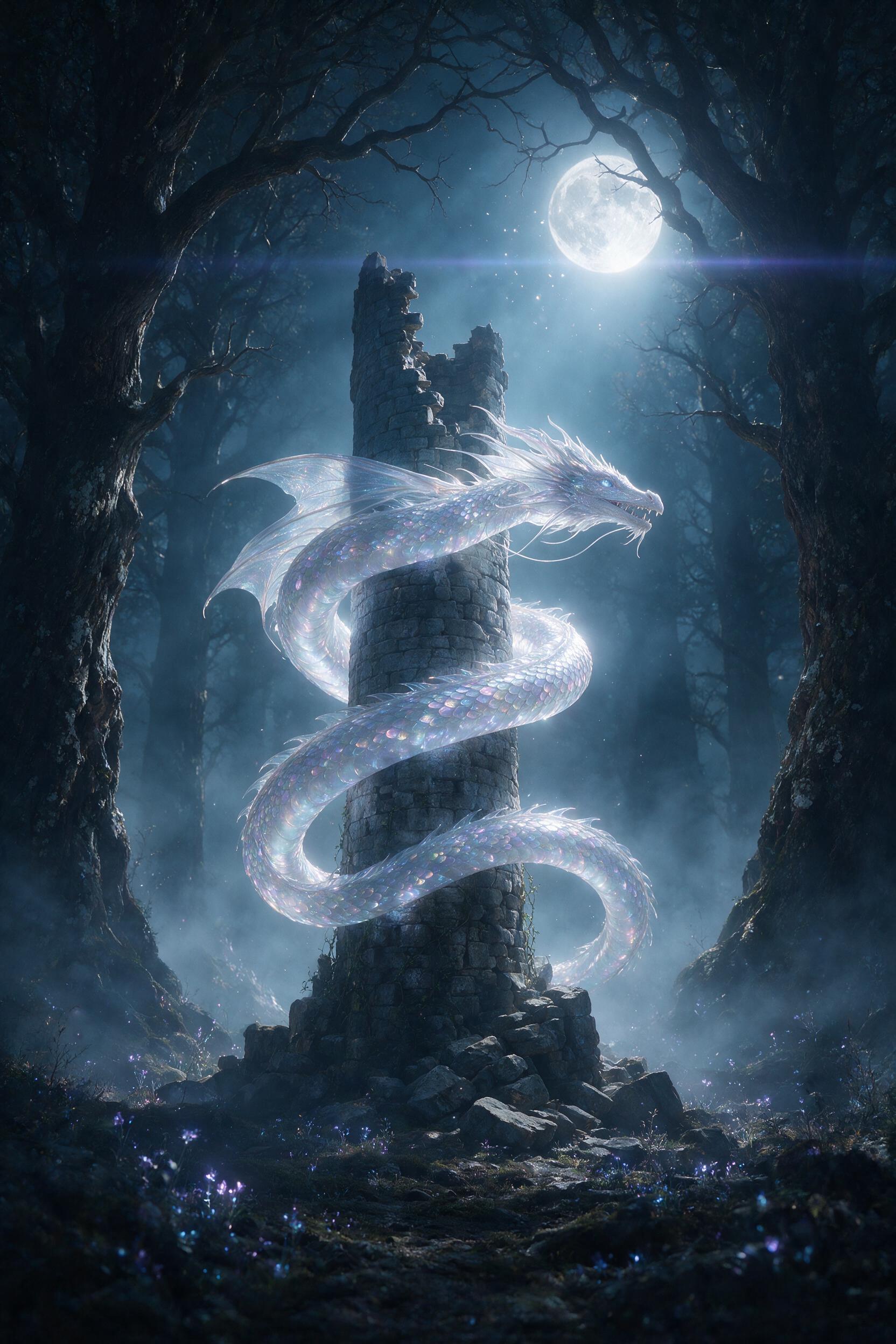 A glowing, translucent dragon with iridescent scales coils around a crumbling stone tower in a misty forest, moonlight filtering through ancient trees, bioluminescent flowers scatter the ground, soft fog, ethereal atmosphere, cinematic lighting, slight lens flare.