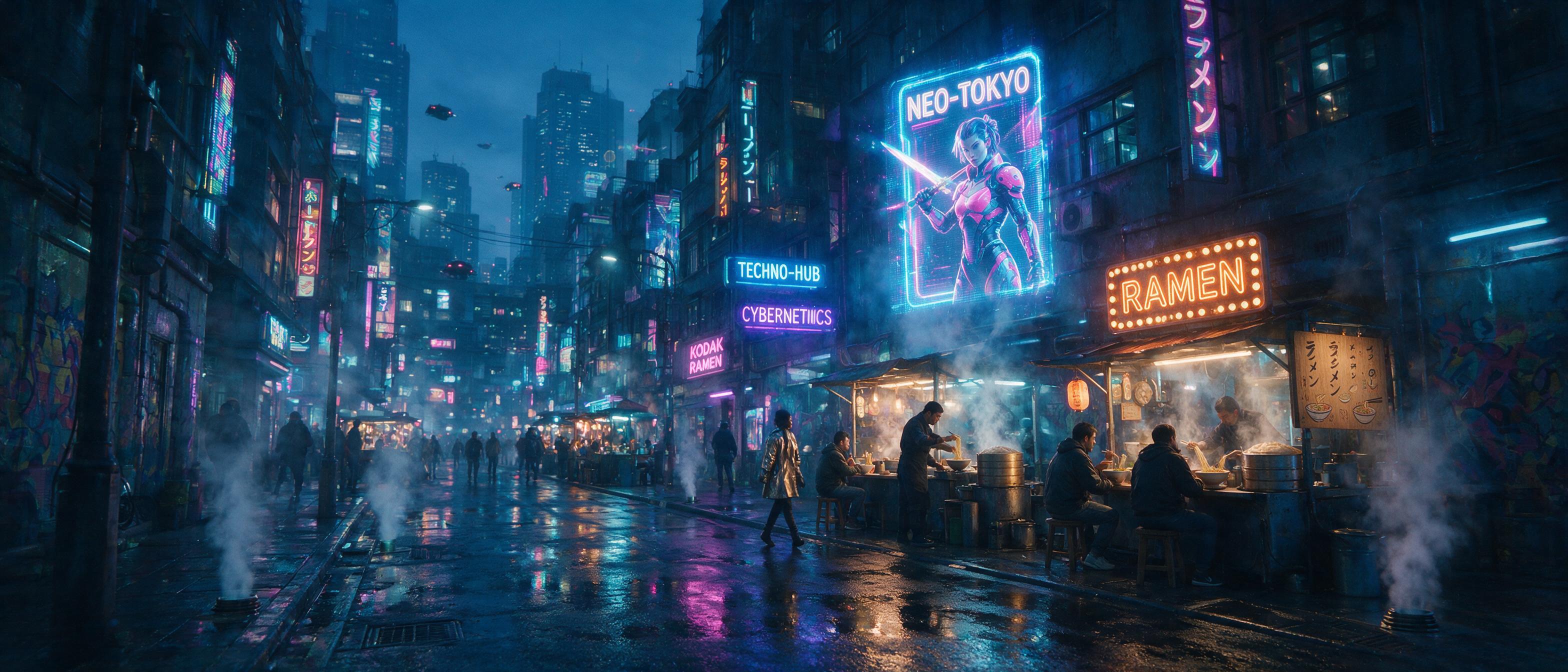 A neon-lit cyberpunk street at dusk, rain-slicked asphalt reflecting purple and blue holographic ads, a lone figure in a metallic coat walking past glowing noodle stalls, steam rising from vents, cinematic wide shot with deep shadows and cool blue ambient light