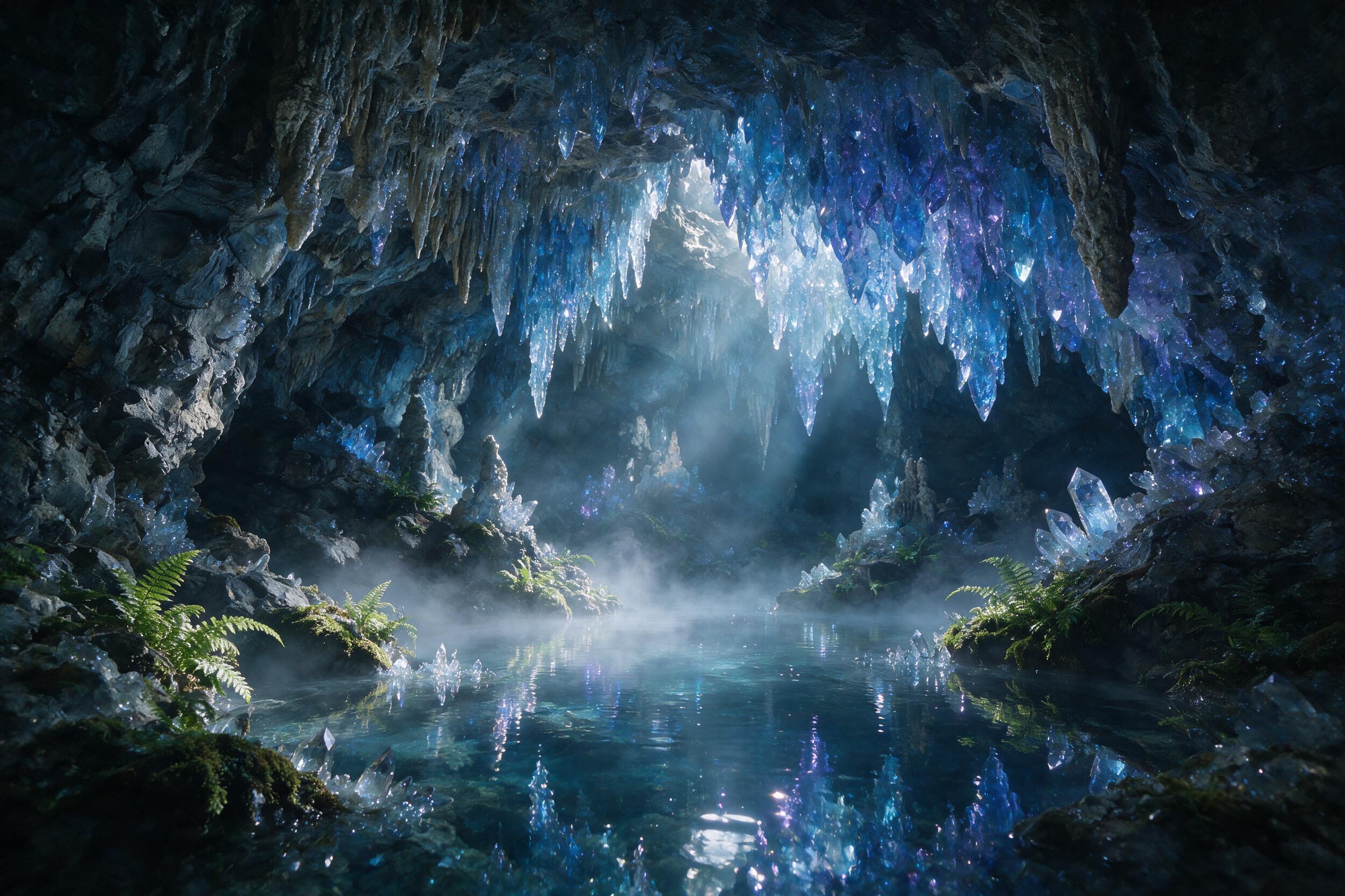 A luminous crystal cave deep underground, glowing blue and purple stalactites reflecting in a still pool, soft mist rising, ethereal light rays piercing through cracks, delicate ferns clinging to ancient rock, dreamlike atmosphere
