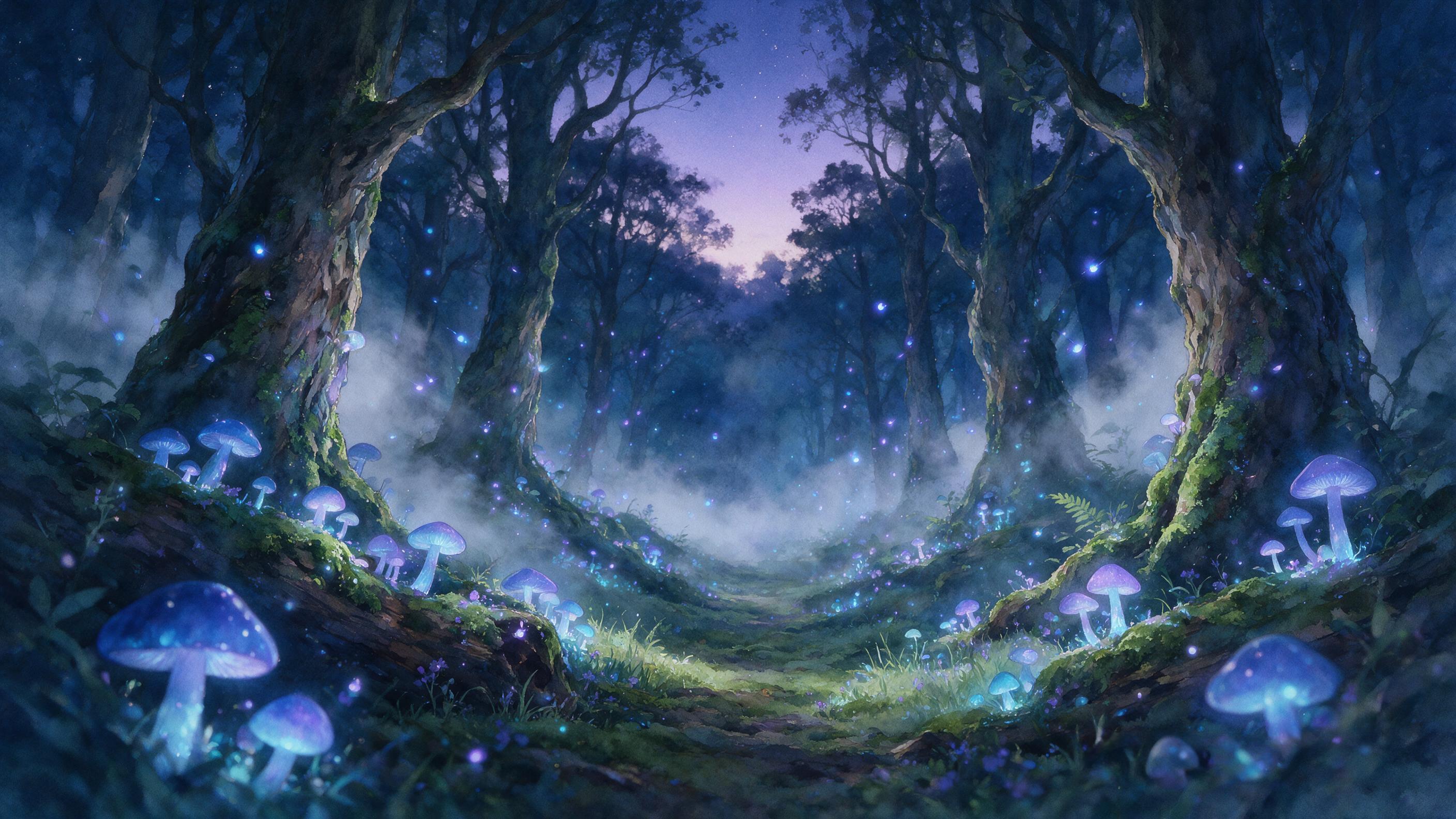 A mystical forest at twilight, glowing bioluminescent mushrooms and floating fireflies, soft mist weaving between ancient trees, ethereal blue and purple light, shallow depth of field, slight camera shake, watercolor texture