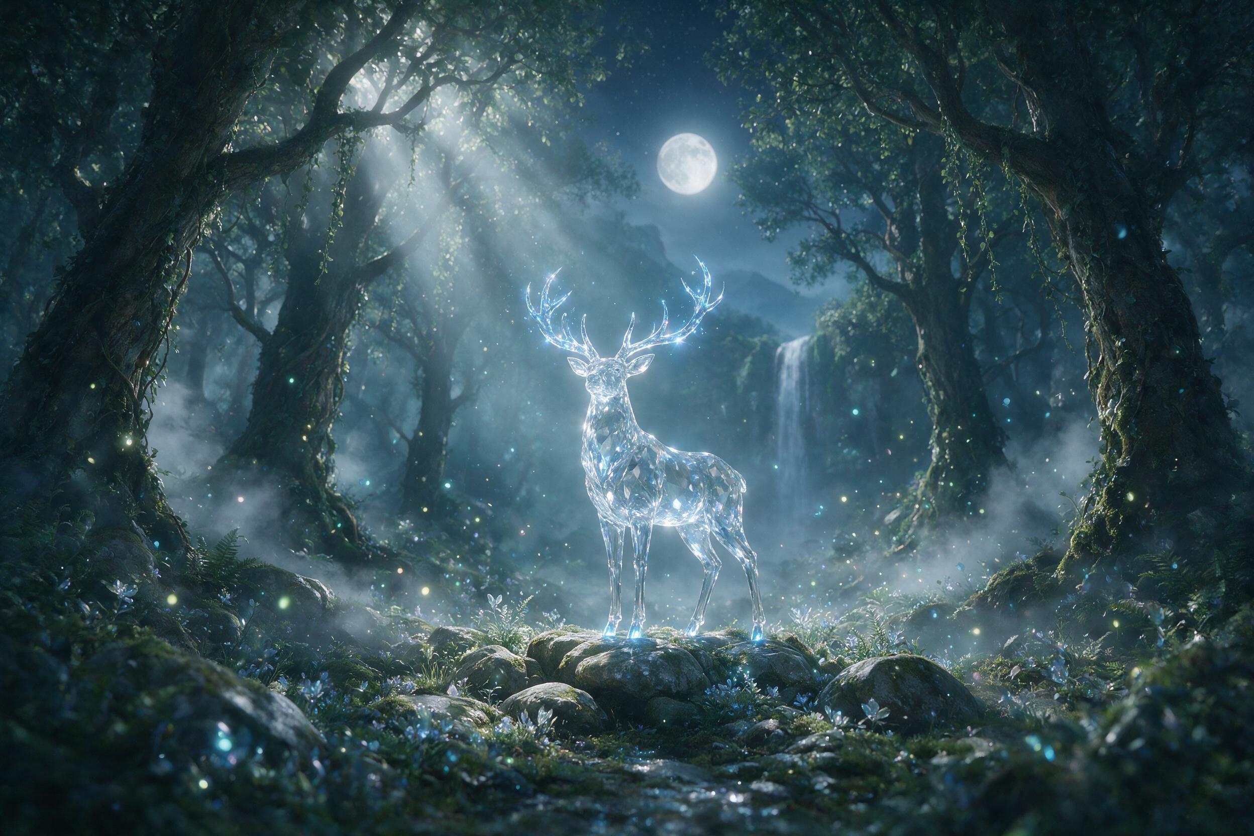 A moonlit forest clearing with a luminous crystal stag, its antlers glowing softly blue, surrounded by floating spores and ancient mossy stones. Mist weaves between gnarled trees, a faint silver waterfall cascades in the background. Low-angle composition, cool color palette, ethereal atmosphere, sub