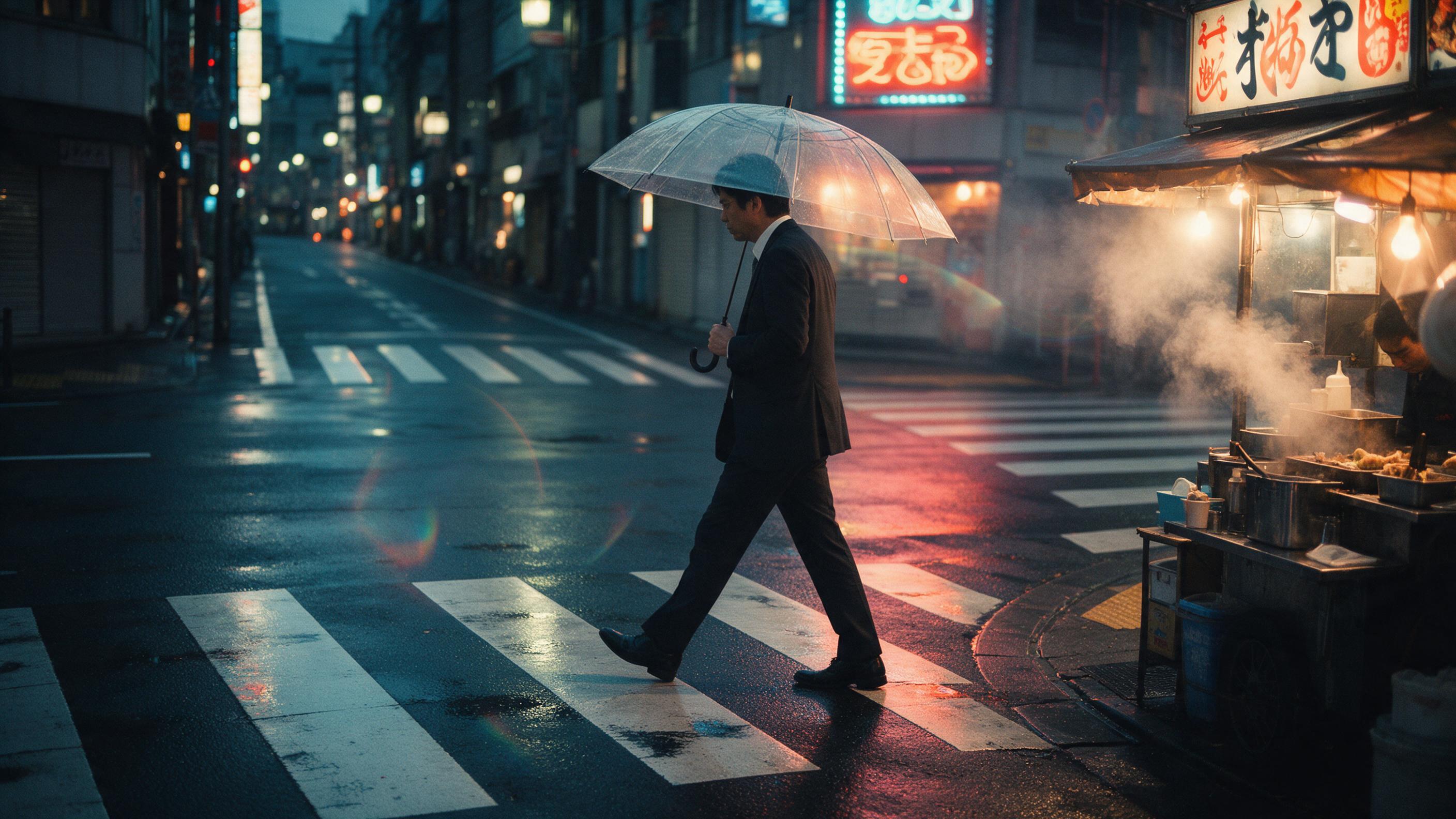 Rain-soaked Tokyo street at dusk, neon signs reflecting off wet asphalt, a lone businessman with transparent umbrella crossing crosswalk, steam rising from food stall on corner, shallow depth of field, cinematic teal and orange palette, subtle lens flare, no people in background
