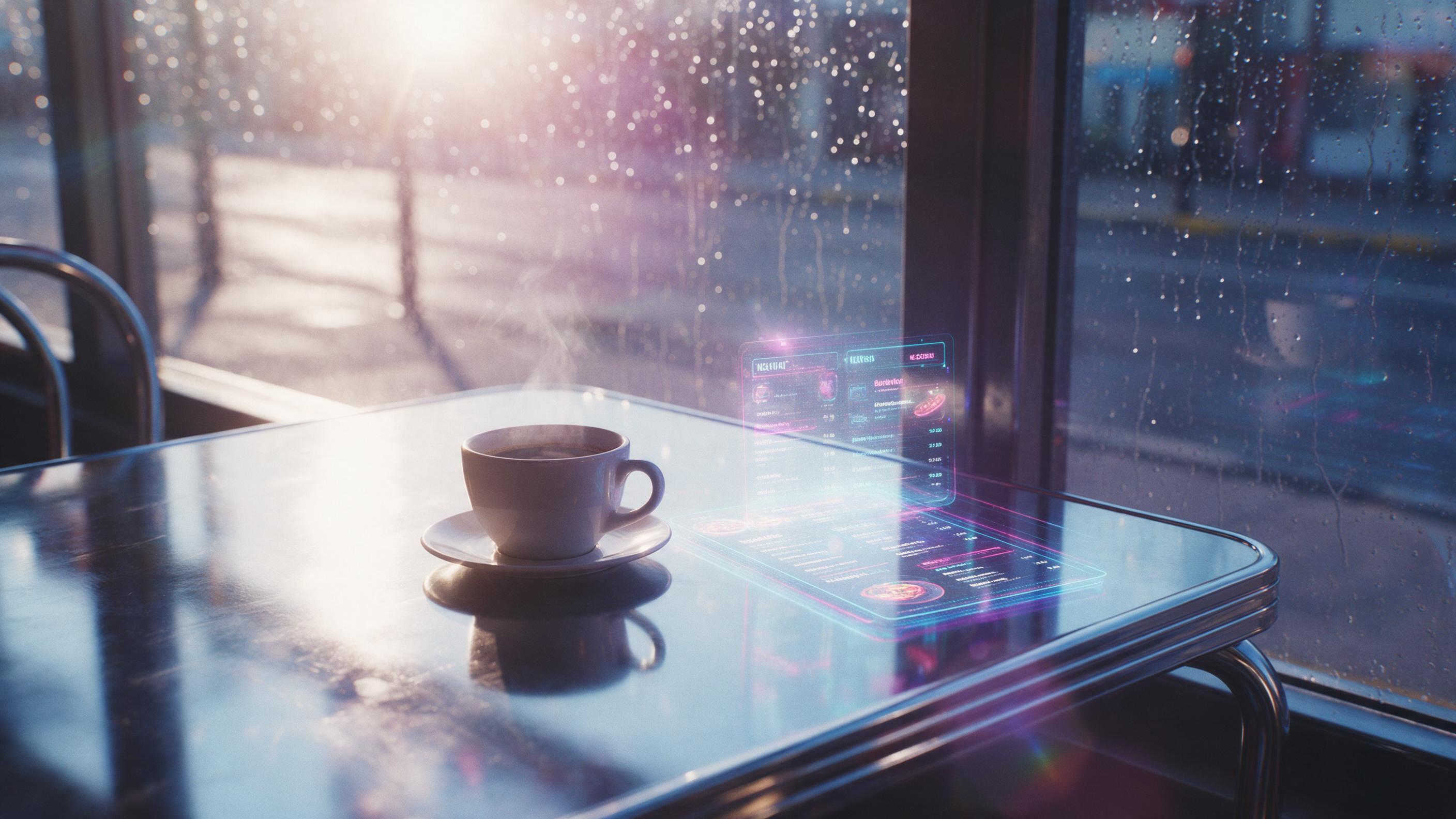 Sunlight filters through rain-soaked windows of a neon-lit cyberpunk cafe, chrome table reflections, holographic menu flickering, steam rising from a coffee cup, shallow depth of field, cinematic blue and magenta tones, slight lens flare, empty street visible outside through glass.