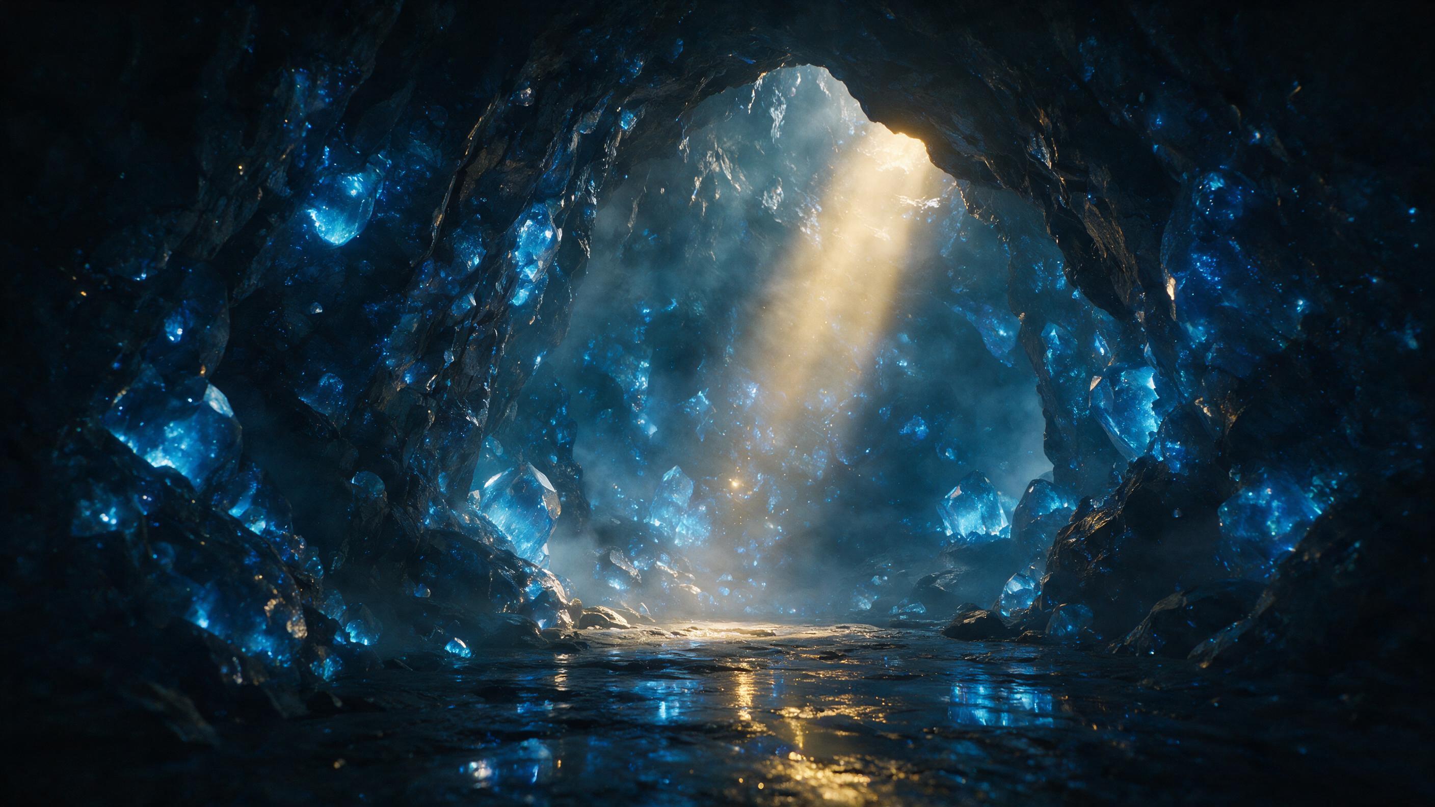 A luminous crystal cave with glowing blue geodes embedded in dark stone walls, soft mist drifting through the cavern, a single beam of golden light piercing from above, reflections on wet rock floor, ethereal atmosphere, cinematic composition
