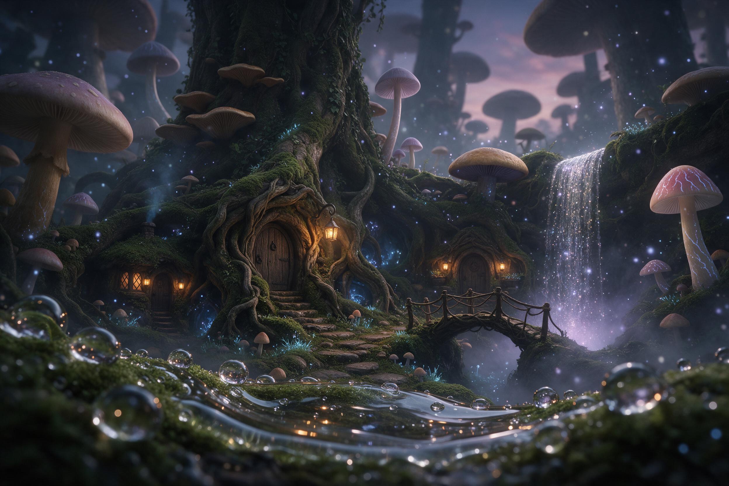 A hidden faerie village nestled within a giant mushroom grove, glowing bioluminescent spores drifting in misty twilight, tiny lantern-lit wooden doors carved into mossy tree roots, a cascading waterfall of shimmering silver light, ethereal atmosphere with soft magical glow, low-angle view from a dew