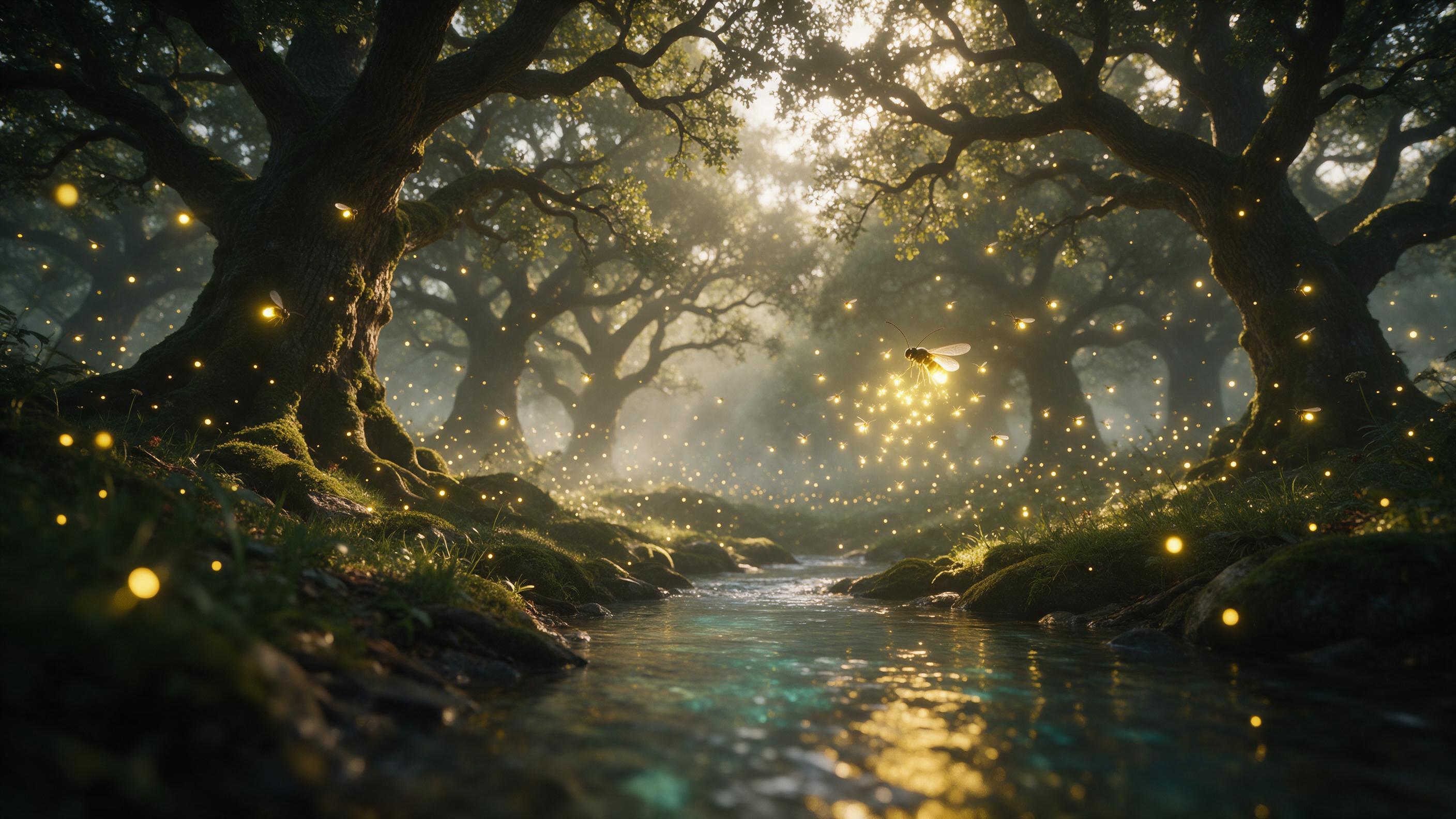 A sunlit forest clearing where giant glowing fireflies float among ancient moss-covered oaks, their light illuminating misty air. A crystal-clear stream winds through, reflecting soft gold and teal hues. Composition: a low-angle view near the water, with a shallow depth of field focusing on a cluste