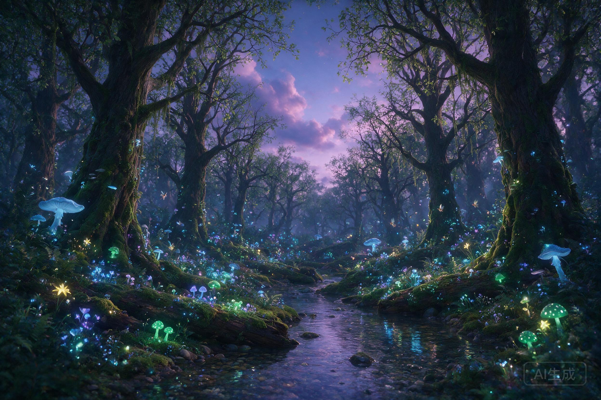 A magical forest with glowing mushrooms, bioluminescent plants, tiny fairies floating between trees, twilight colors