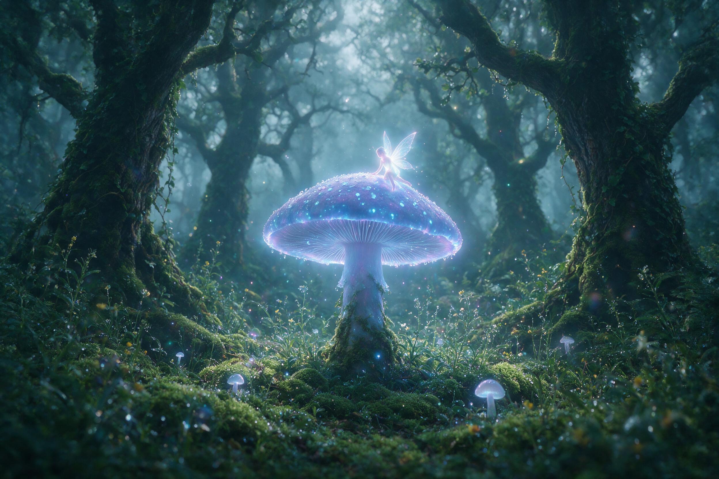 A luminous fairy with translucent wings sits on a glowing mushroom in a misty forest, soft blue and purple bioluminescent light, shallow depth of field, gentle morning dew, subtle lens flare, cinematic composition, magical atmosphere.