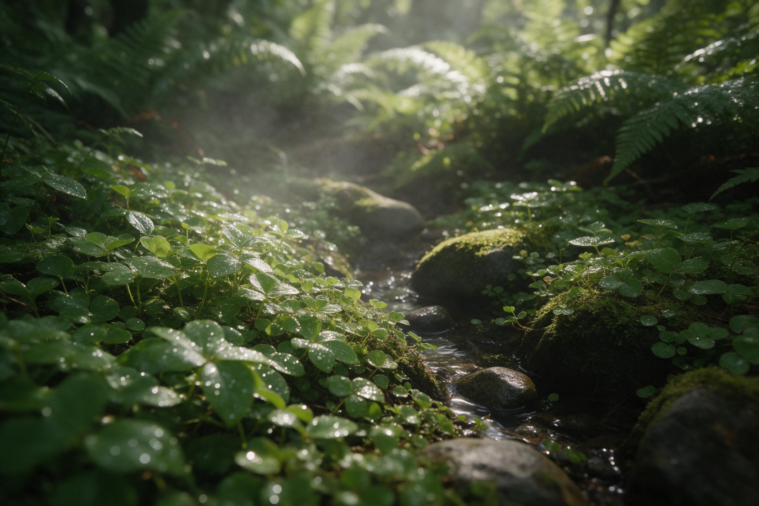 A lush green forest floor with soft morning light filtering through a canopy of ferns, dew-covered leaves glistening, a small stream winding between mossy stones, gentle mist rising, captured with a 50mm lens, shallow depth of field, earthy tones.