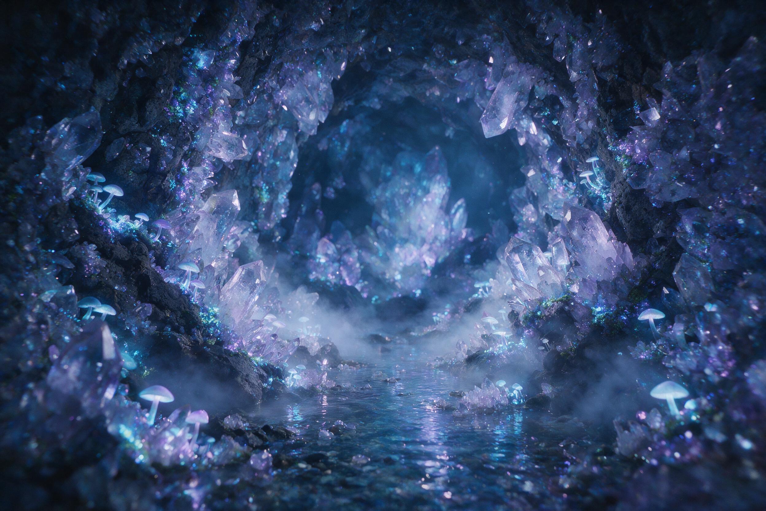 A glowing crystal cave deep underground, bioluminescent moss and fungi casting soft blue and purple light onto jagged quartz formations, a small stream of clear water reflecting the eerie glow, mist rising from the water, slight camera shake effect, natural grain