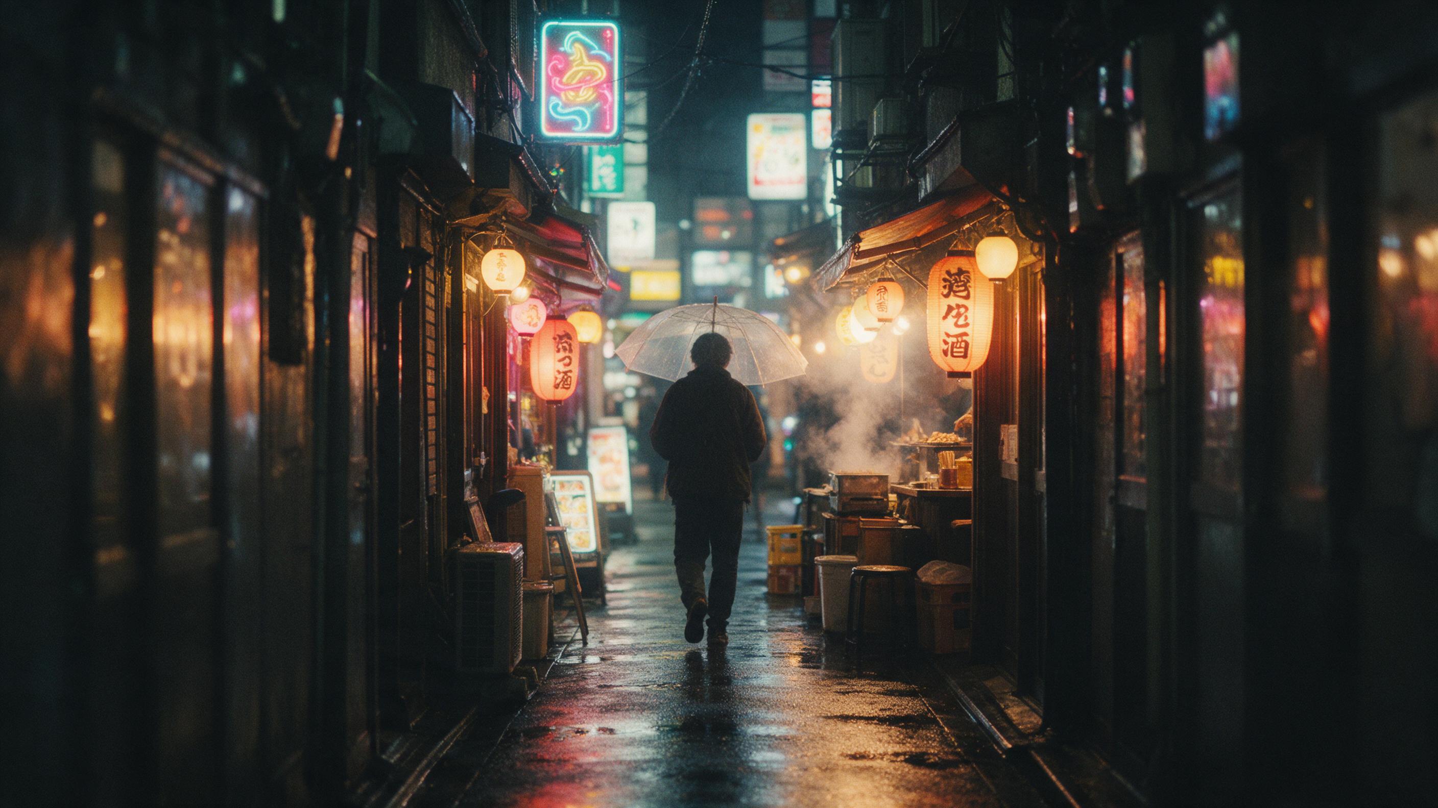 A cozy rainy evening in a narrow Tokyo alley, warm neon izakaya lanterns reflecting on wet pavement, a lone figure with a transparent umbrella walking away, steam rising from food stalls, soft bokeh from background signs, cinematic composition with leading lines, slight grain and muted film tones, g