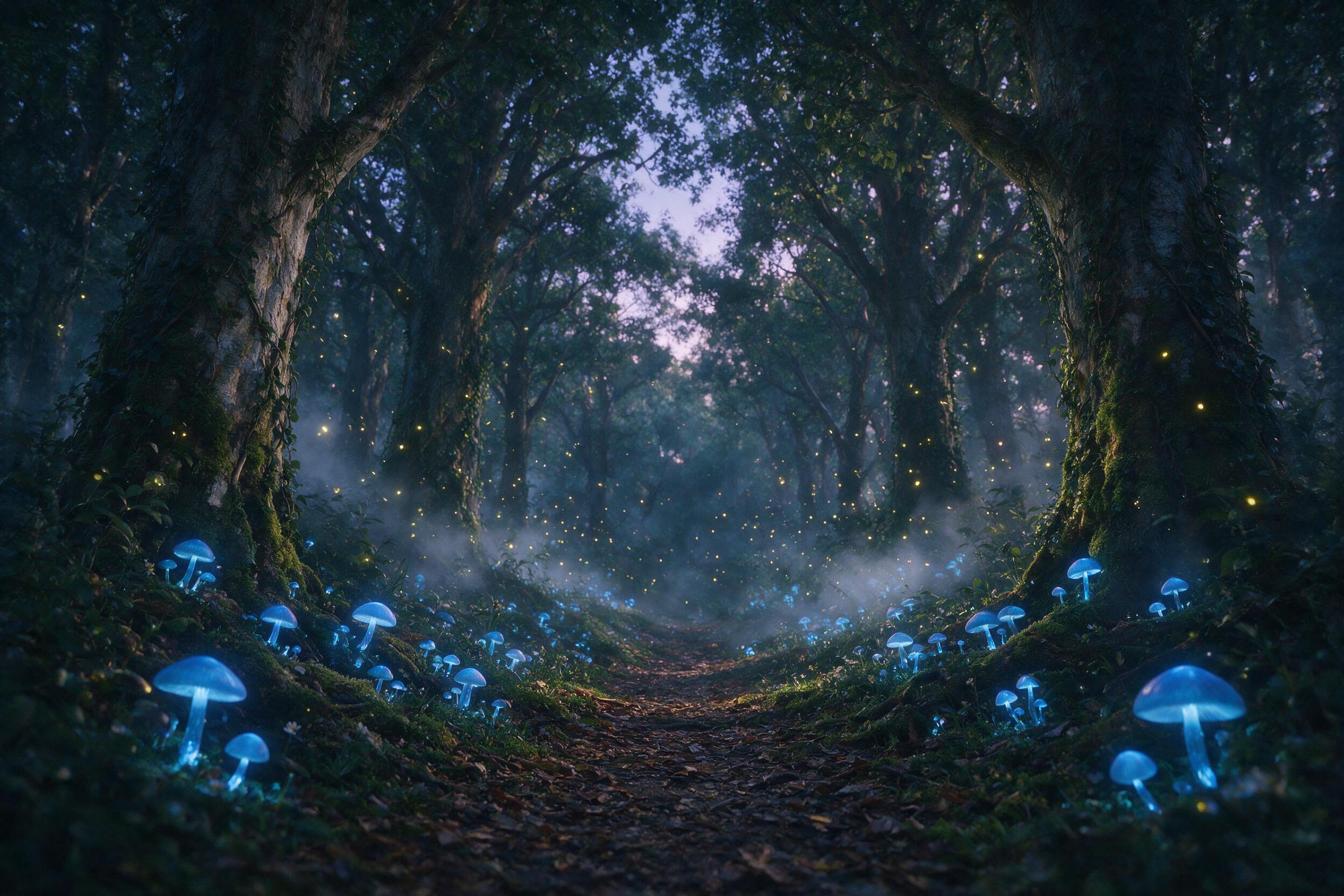 Glowing blue mushrooms along a winding forest path at twilight, fireflies dancing in the air, soft mist rising from the ground, ethereal light filtering through ancient trees, subtle grain, natural color palette, dreamy atmosphere