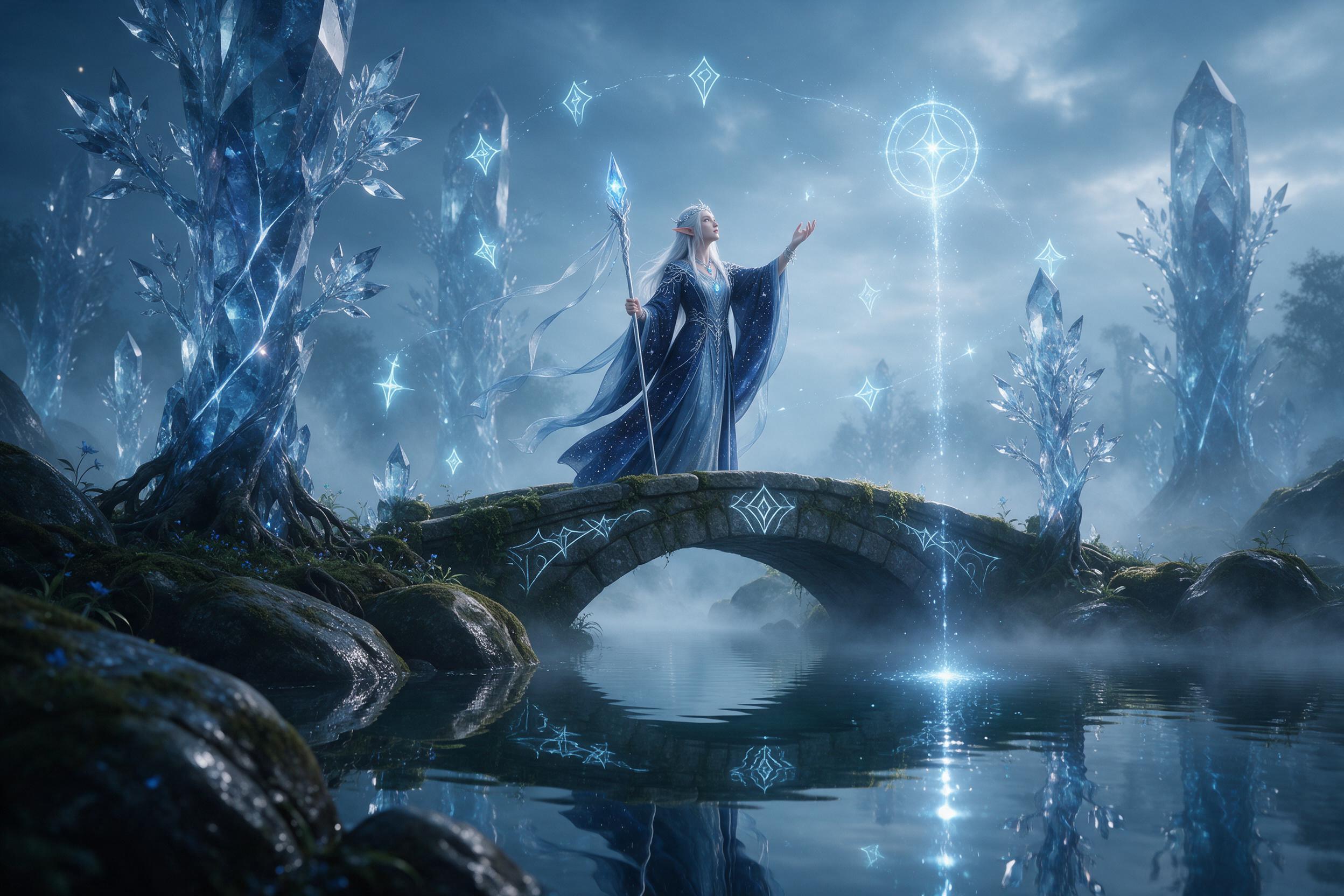 In an ethereal forest, towering crystalline trees emit soft, pale blue light. A silver-haired elven sorceress stands on a mossy stone bridge, her robes woven with starlight. Glowing runes float in the air around her, casting shimmering reflections on a calm, mirror-like pond. Mist weaves between gna