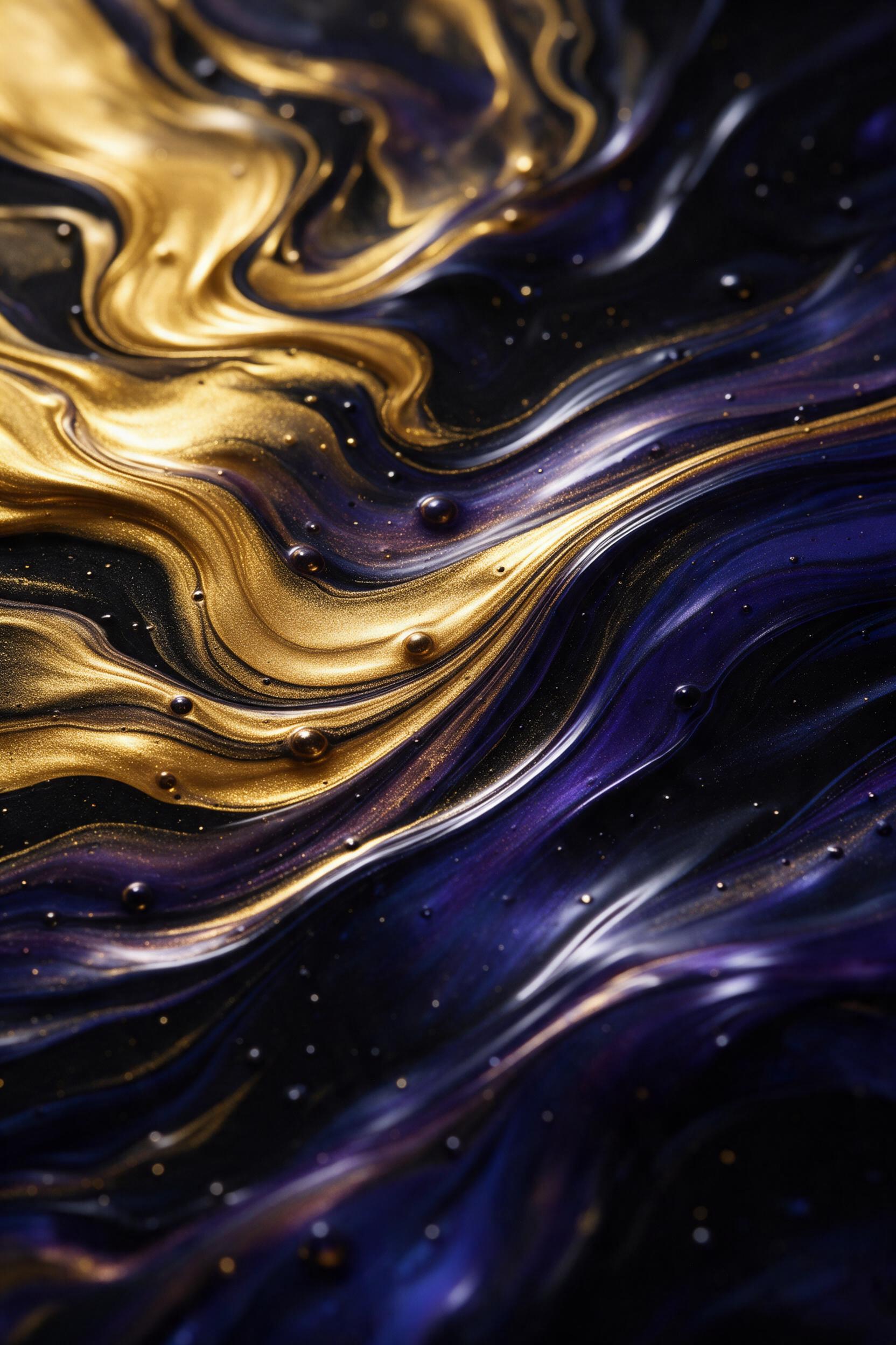 Molten gold and deep indigo fluid art swirling on black canvas, glossy ripples catch sharp side light, macro lens, shallow depth of field, subtle air bubbles frozen mid-flow, minimalist composition, no text or objects