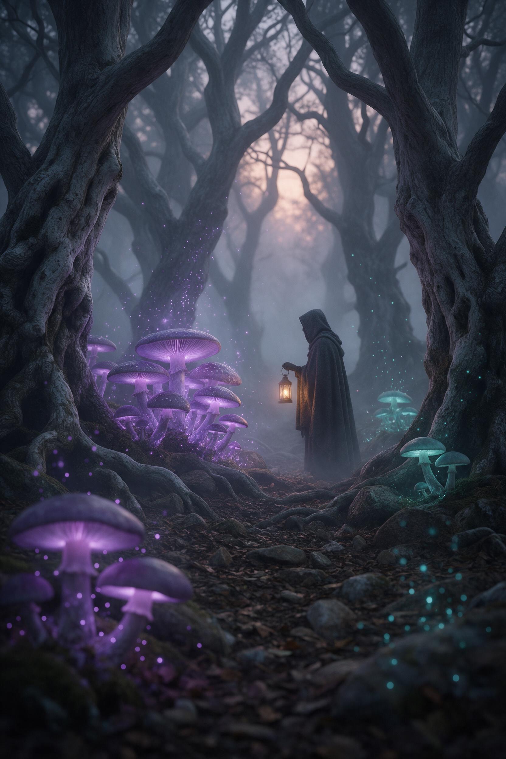 A bioluminescent mushroom grove at dusk, glowing teal and violet spores drifting through misty air, ancient twisted trees with silver bark, a lone hooded figure with a lantern observing, soft rim light from the fungi, muted earth tones, ethereal atmosphere, shallow depth of field
