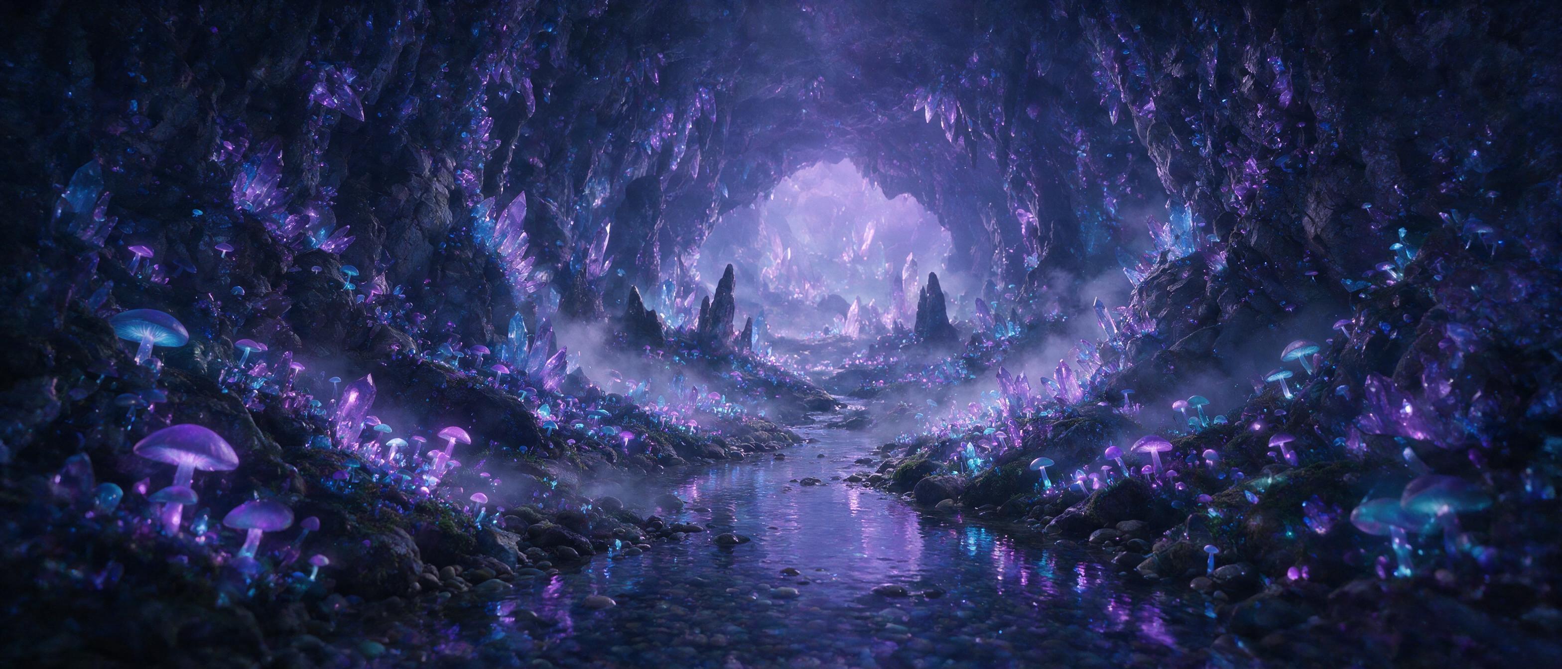 A luminous crystal cave deep underground, glowing purple and blue mushrooms line the rocky walls, a small stream reflects the bioluminescent light, soft mist rises from the water, ethereal atmosphere, cinematic composition with leading lines into the distant glow.