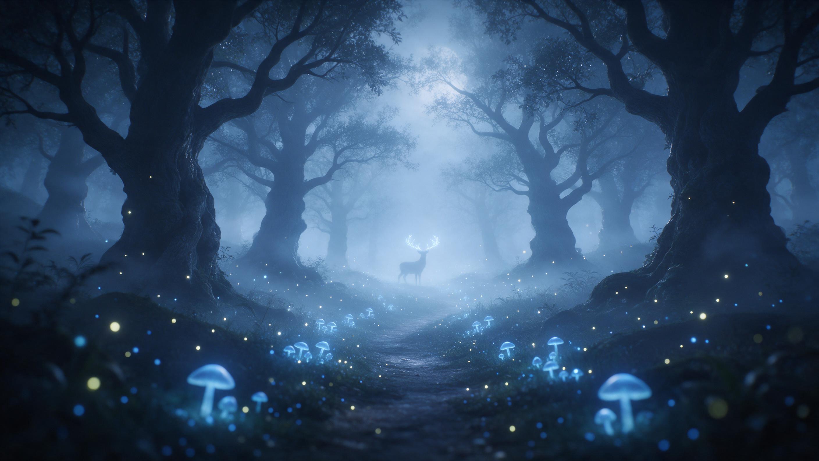 A misty moonlit forest with ancient gnarled trees, glowing blue mushrooms and fireflies along a winding path, a silhouette of a deer with glowing antlers, ethereal fog, soft blue and silver tones, shallow depth of field