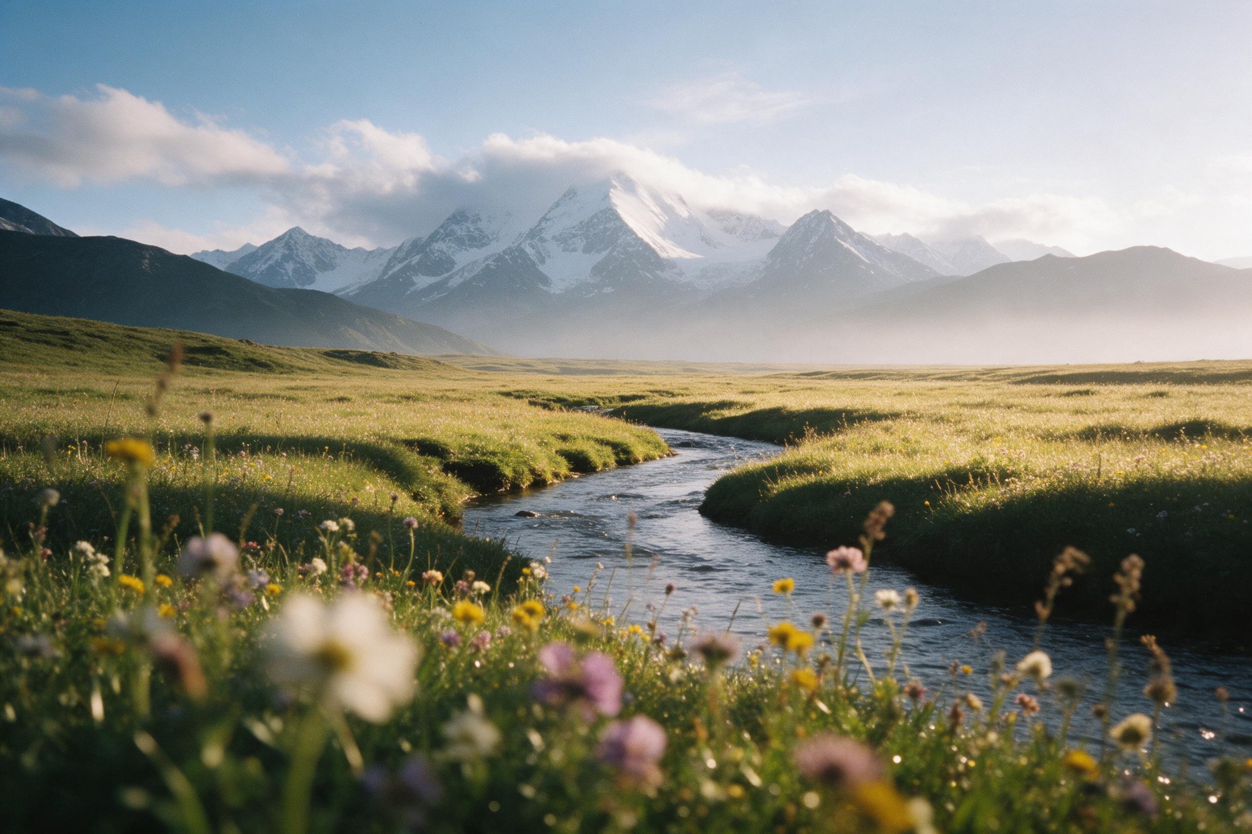 Sunlit alpine meadow at golden hour, wildflowers in foreground with soft bokeh, snow-capped peaks in distance, warm light casting long shadows, a clear stream meandering through, wispy clouds, slight haze near horizon, shot on 35mm film, natural grain.
