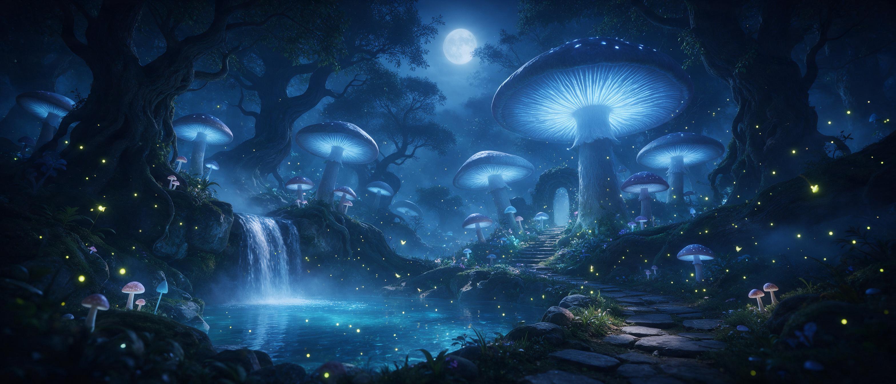 A moonlit enchanted forest with giant glowing mushrooms, their caps emitting soft blue light, a small waterfall cascading into a crystalline pool, fireflies dancing in the air, ancient twisted trees, ethereal mist, a stone path leading to a hidden arch, cinematic wide-angle composition