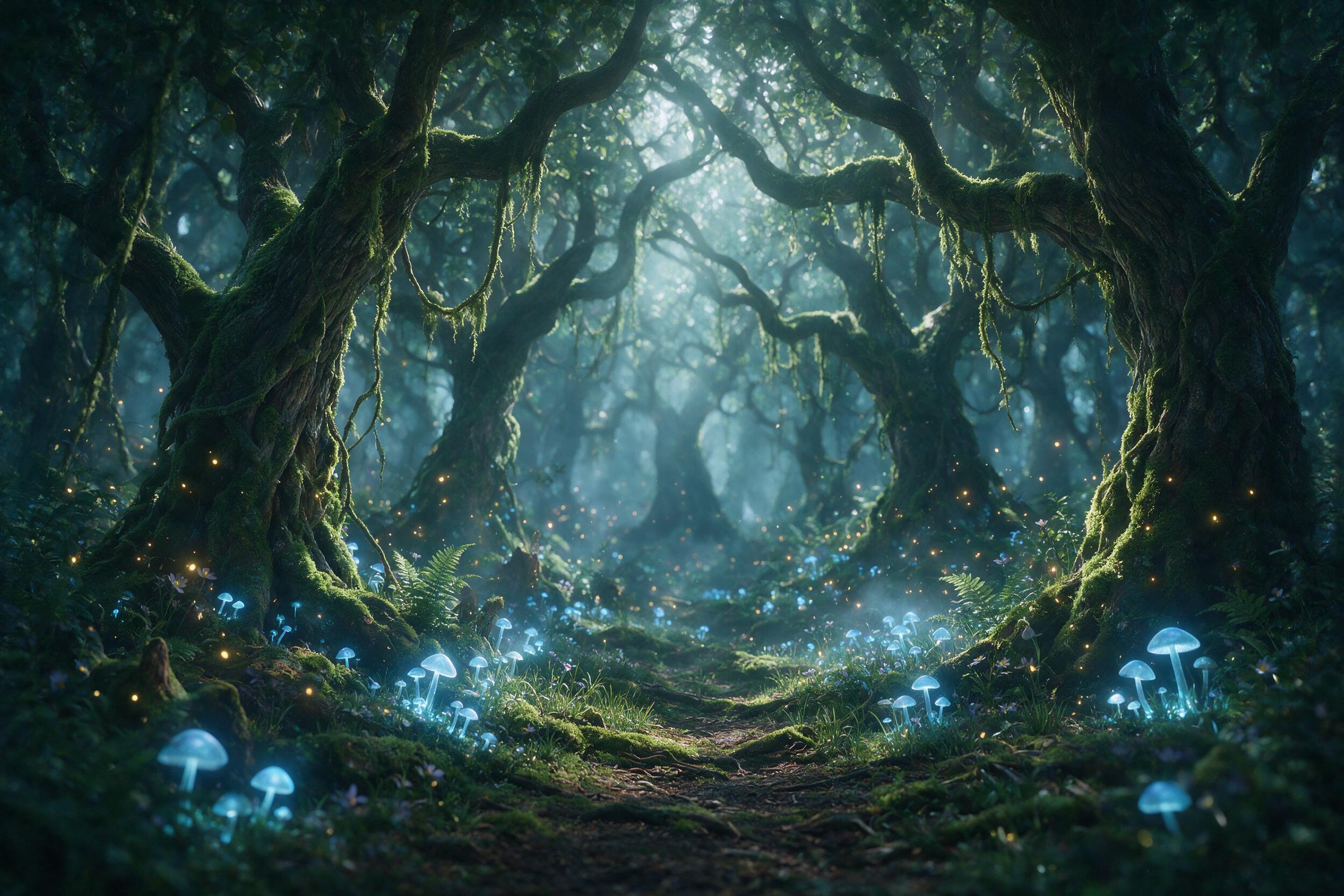 A glowing, ethereal forest with bioluminescent mushrooms and floating fireflies, ancient twisted trees draped in moss, soft mist weaving through the undergrowth, moonlight filtering through the canopy, warm amber and cool blue tones, shallow depth of field, mysterious and serene atmosphere