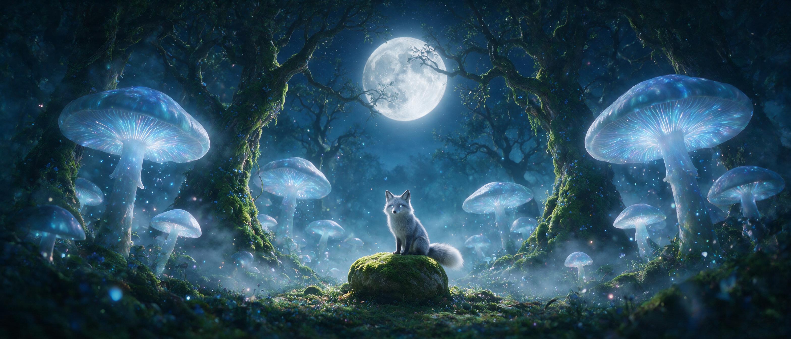 A moonlit enchanted forest clearing, giant glowing mushrooms with blue spores, a silver fox with luminous eyes sitting on a mossy stone, ethereal mist weaving through ancient trees, soft magical light particles, cinematic composition, dreamlike atmosphere