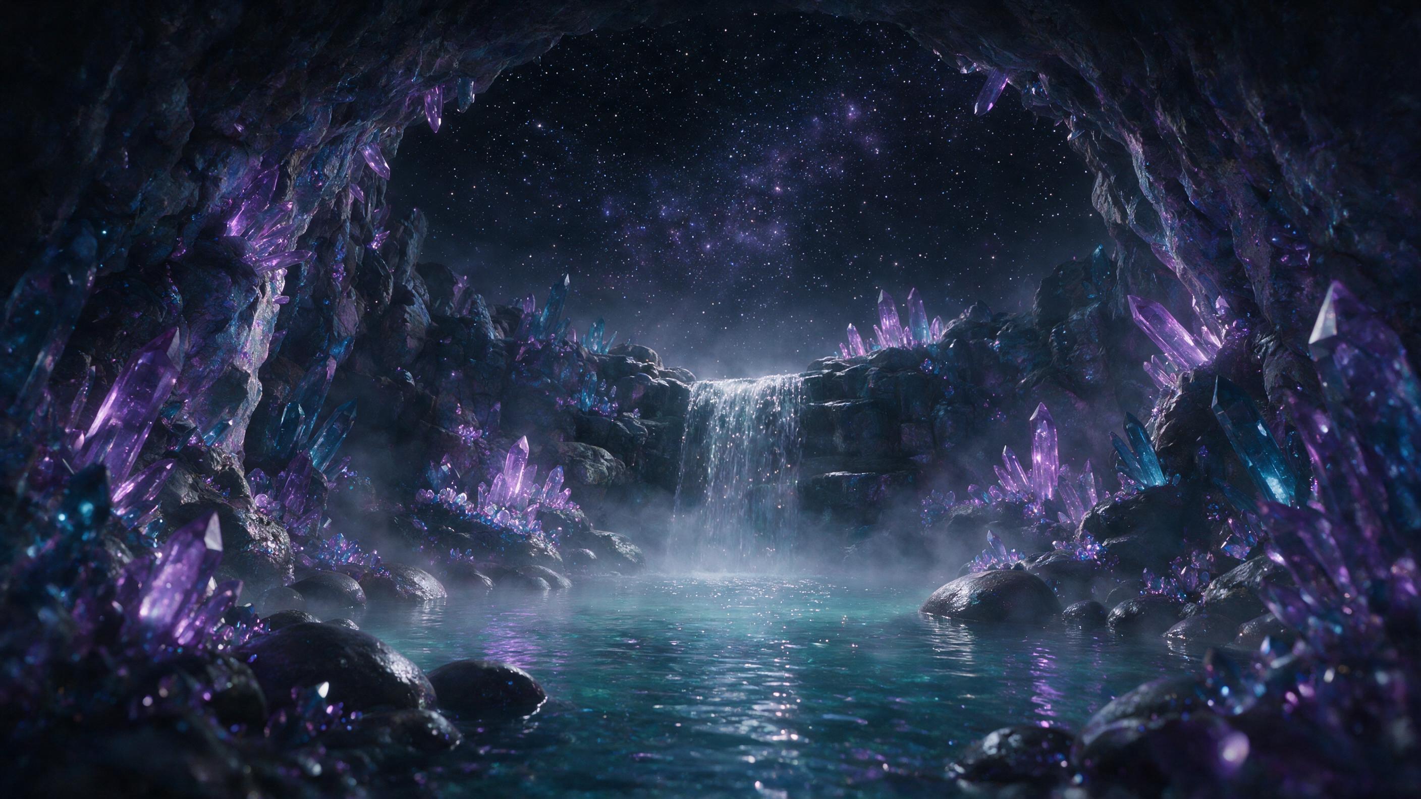 A luminous crystal cave hidden beneath a starry night sky, glowing purple and blue crystals jut from jagged rock walls, a gentle waterfall cascades into a pool reflecting celestial light, misty air, ethereal glow, soft focus, cinematic composition