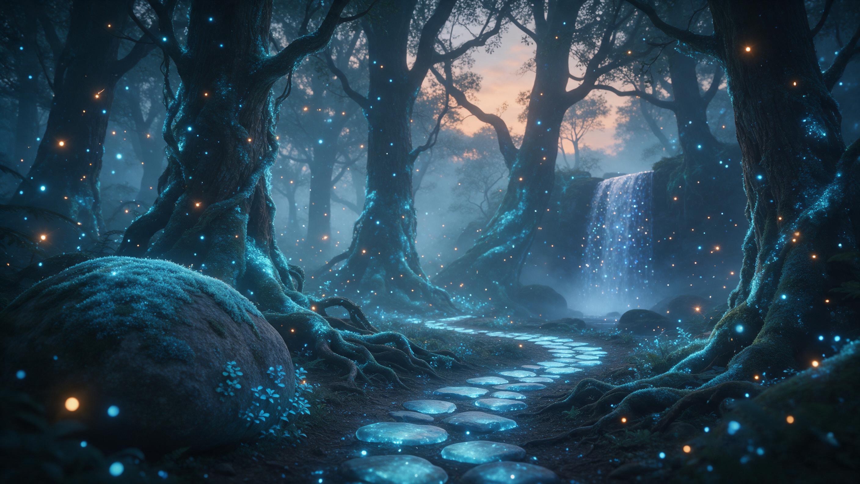 A misty bioluminescent forest at twilight, towering ancient trees draped in glowing moss, a narrow winding path of luminescent stones leading to a shimmering waterfall, fireflies and soft blue-orange light particles floating, gentle fog, ethereal atmosphere, cinematic composition with foreground sil