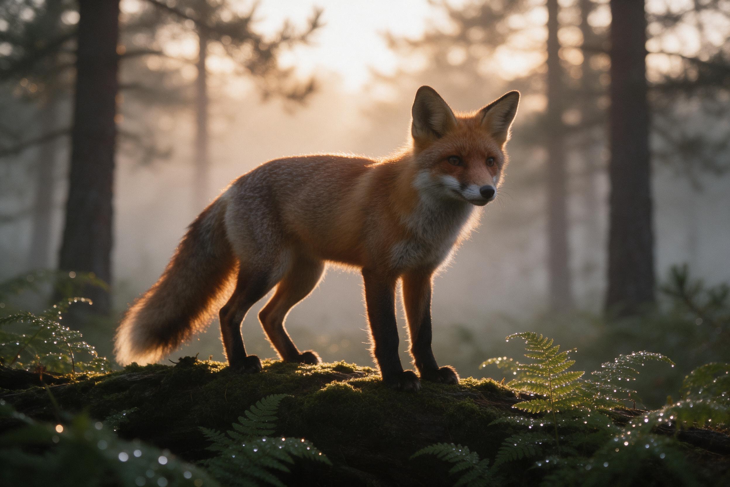 A red fox stands on a mossy log in a misty pine forest at dawn, golden light filtering through fog, dewdrops on ferns, fox fur catching warm rim light, soft bokeh background, gentle natural atmosphere, slight film grain, telephoto lens compression.