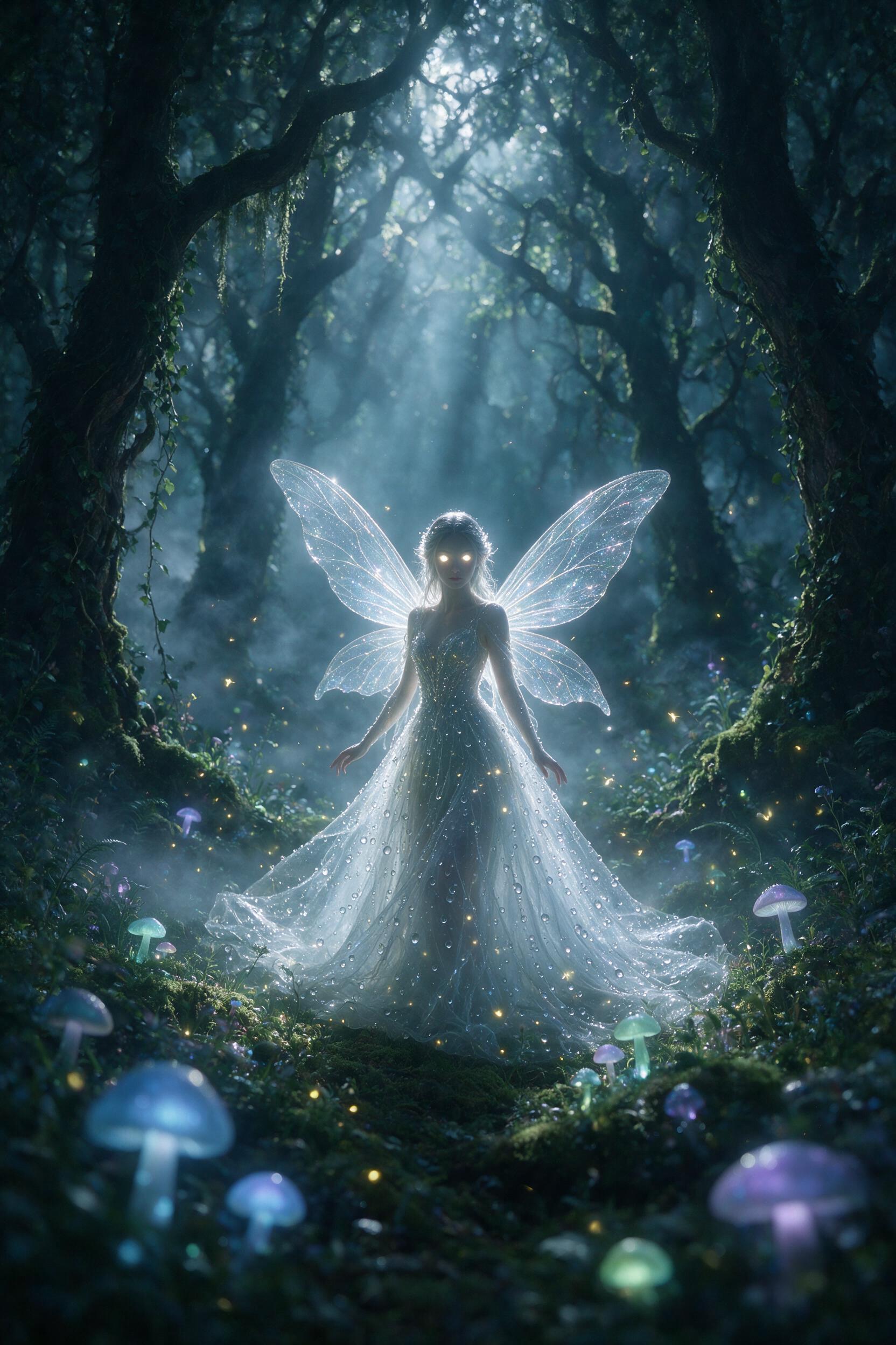A luminous fairy queen with translucent wings stands in a moonlit enchanted forest, her gown woven from dewdrops and spider silk, soft bioluminescent mushrooms and floating fireflies scatter around her, shallow depth of field focuses on her glowing eyes, ethereal mist between ancient trees, slight l