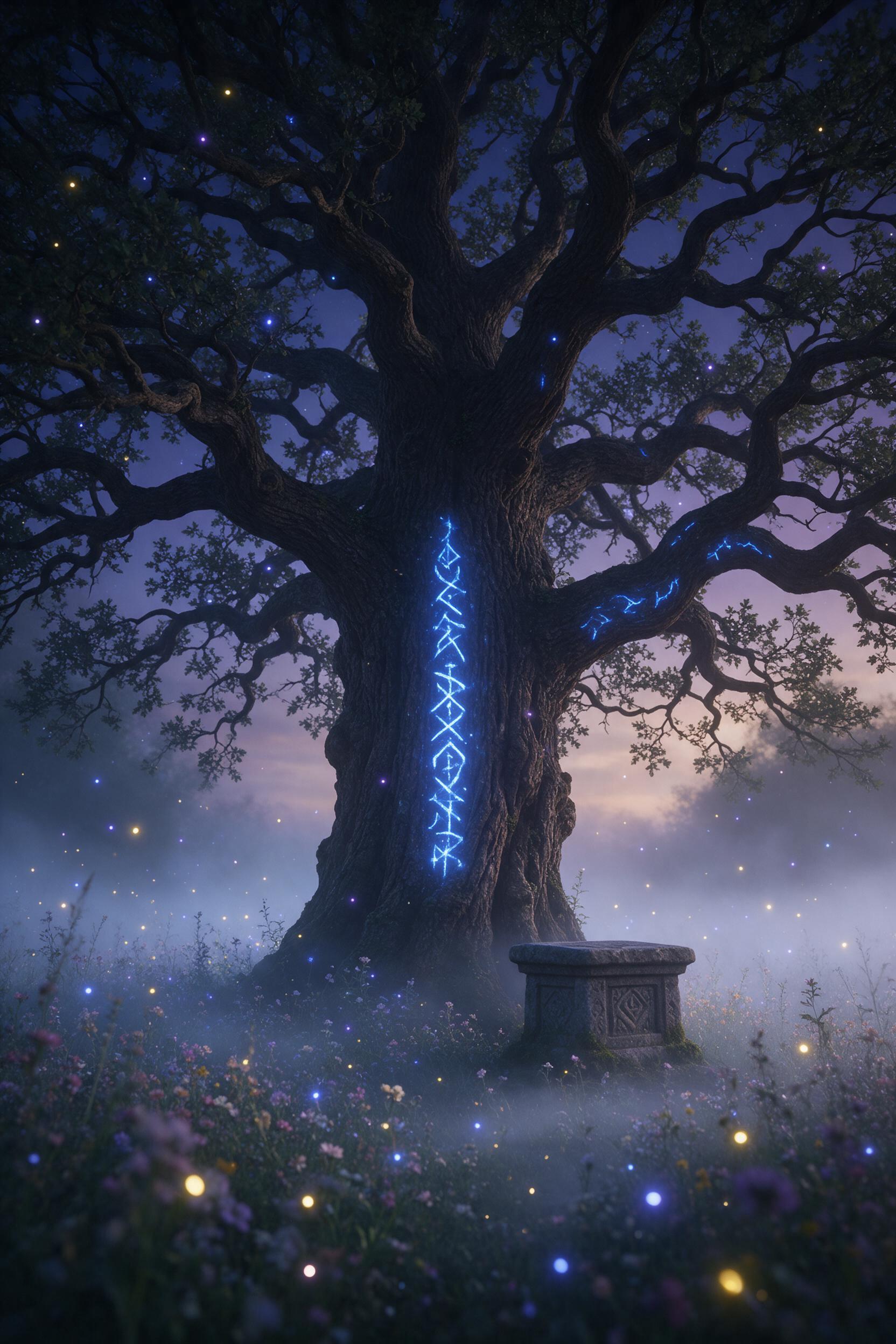 An ancient oak tree with glowing blue runes carved into its bark stands alone in a misty twilight meadow, purple and gold fireflies drifting around, a small stone altar at its base, moonlit fog rolling over wildflowers, ethereal atmosphere, seen from low angle looking up through gnarled branches, so