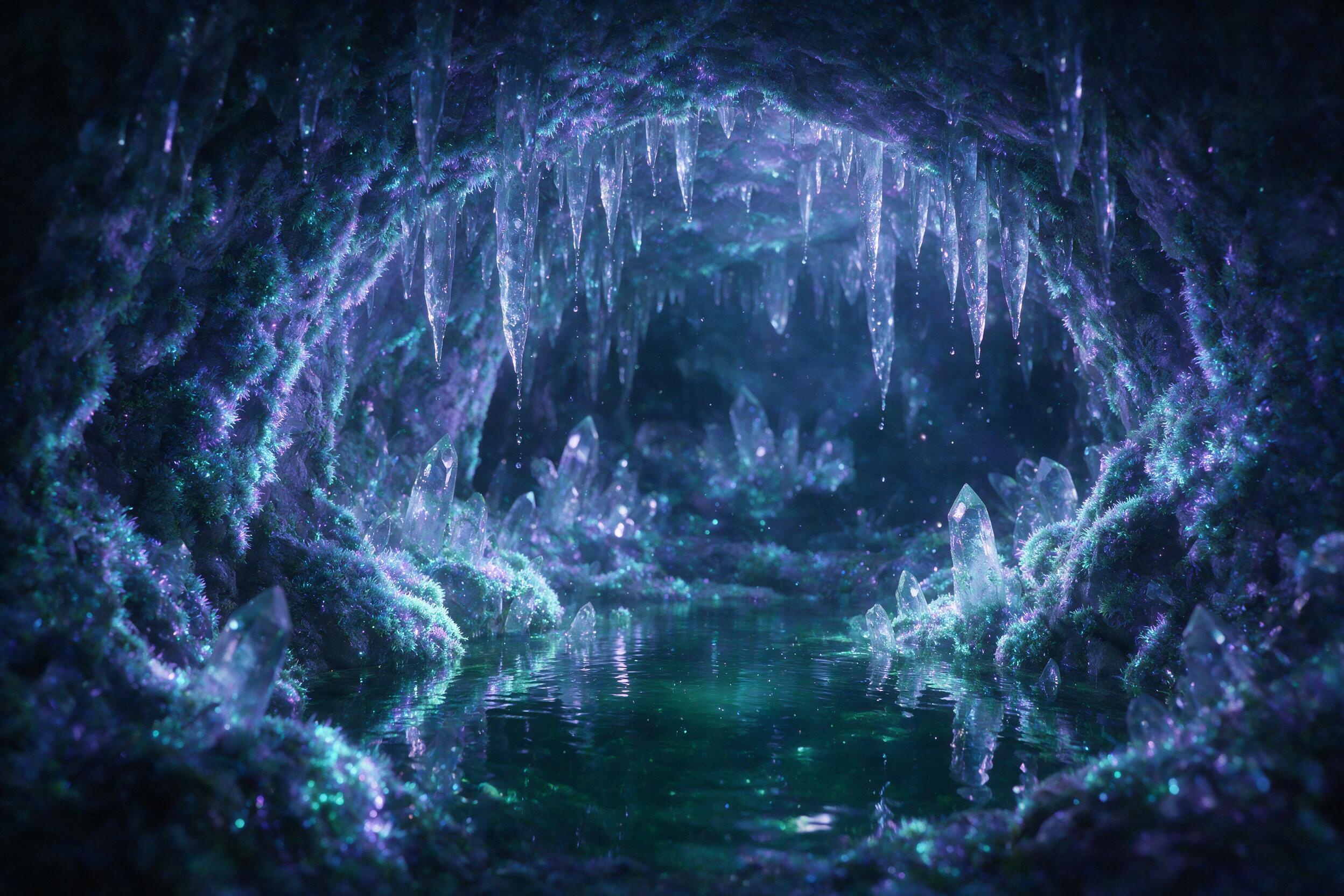 A luminous crystal cave deep underground, bioluminescent moss glowing in soft blue and purple hues, stalactites dripping with shimmering water, a small pool reflecting the ethereal light, slight camera shake from the damp air, natural lighting from the moss itself, no humans or animals, dreamlike at