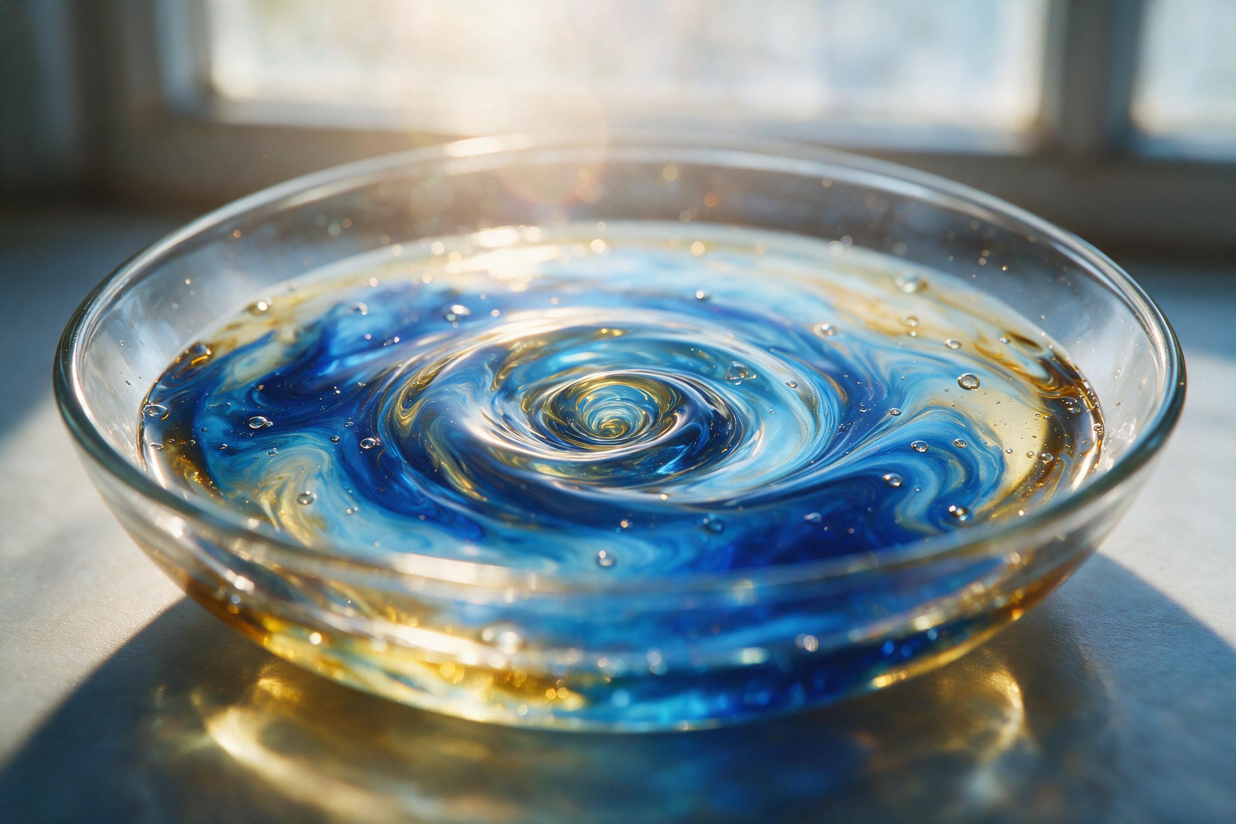 A close-up of oil and water swirling together in a shallow glass dish, iridescent blues and golds mixing under soft diffused window light, shallow depth of field with bubbles and lens flare, sharp focus on the center vortex.