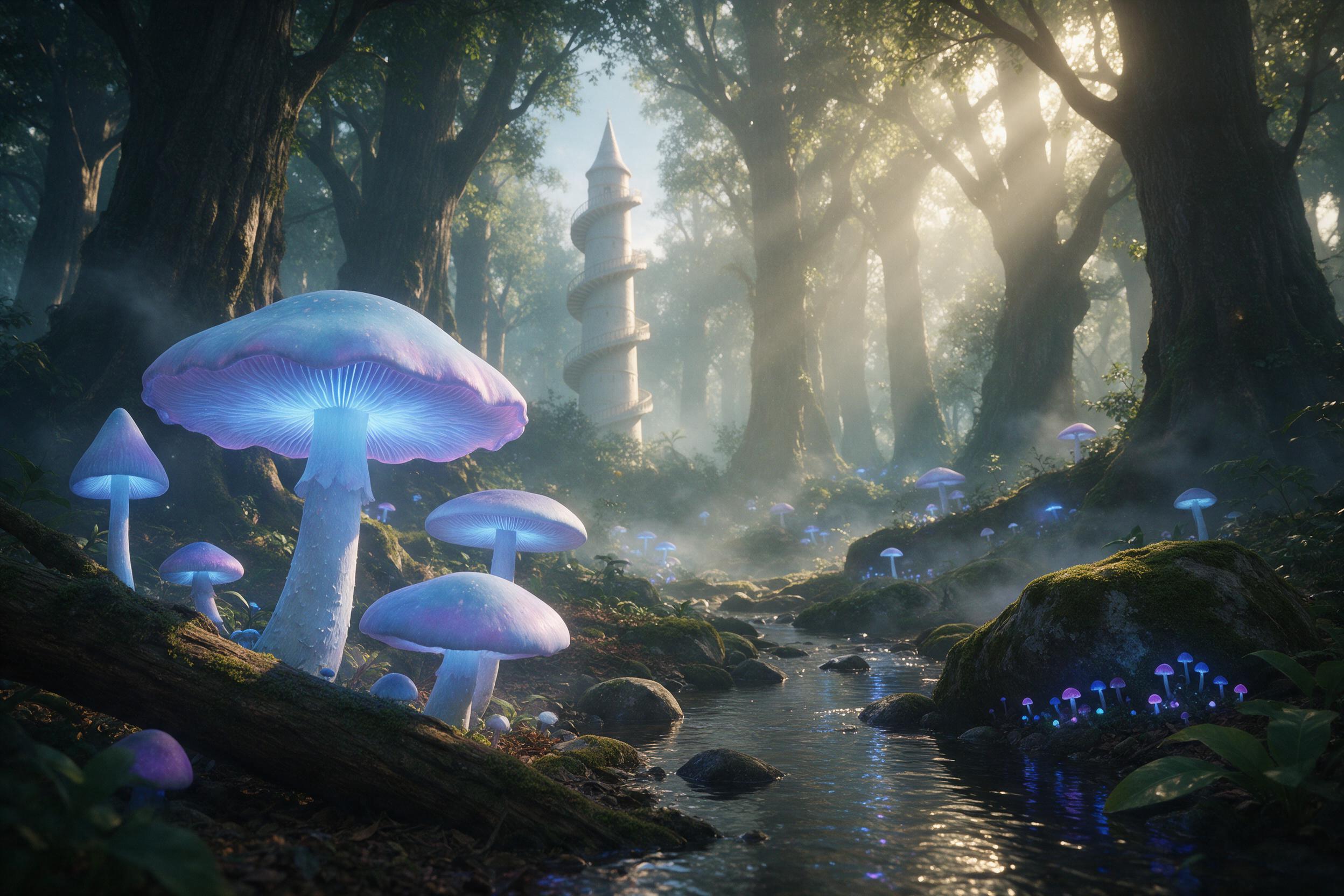 A sunlit ancient forest clearing, where giant bioluminescent mushrooms glow in soft blues and purples, a small stream reflecting the light, ethereal mist weaving between mossy rocks, a distant spiral tower rising above the canopy, warm golden sunbeams piercing the foliage, gentle dreamlike atmospher