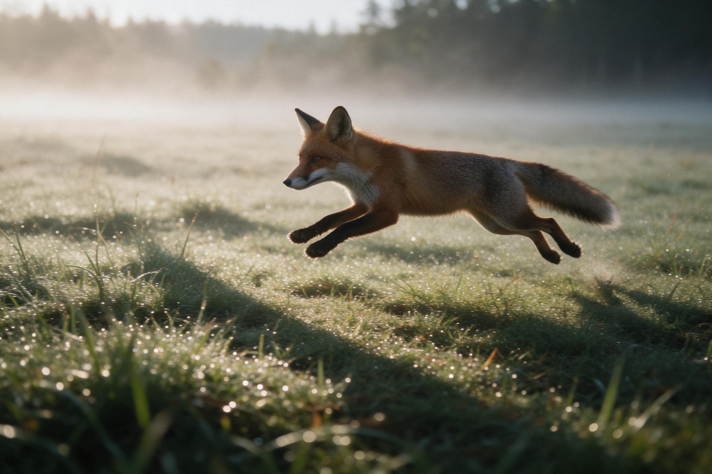A red fox leaps across a misty meadow at dawn, dew sparkling on grass, soft golden backlight, long shadows, shallow depth of field with blurred forest edge, natural grain and subtle motion blur on paws, low-angle composition emphasizing agility