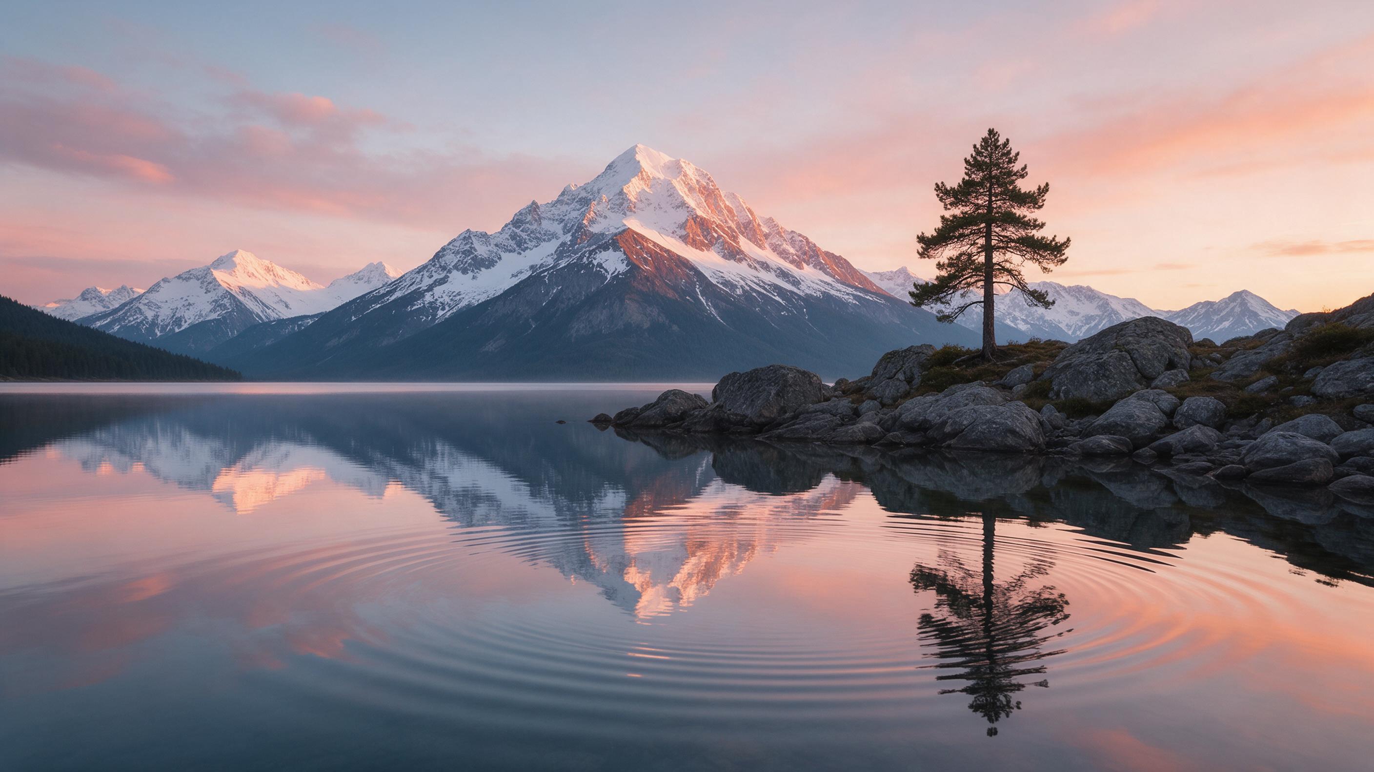 A serene alpine lake at dawn, mirror-like surface reflecting snow-capped peaks, soft pink and orange sky, a lone pine tree on a rocky shore, gentle ripples, cool blue shadows, warm light on the summit, tranquil composition with leading lines from the shore to the mountain.