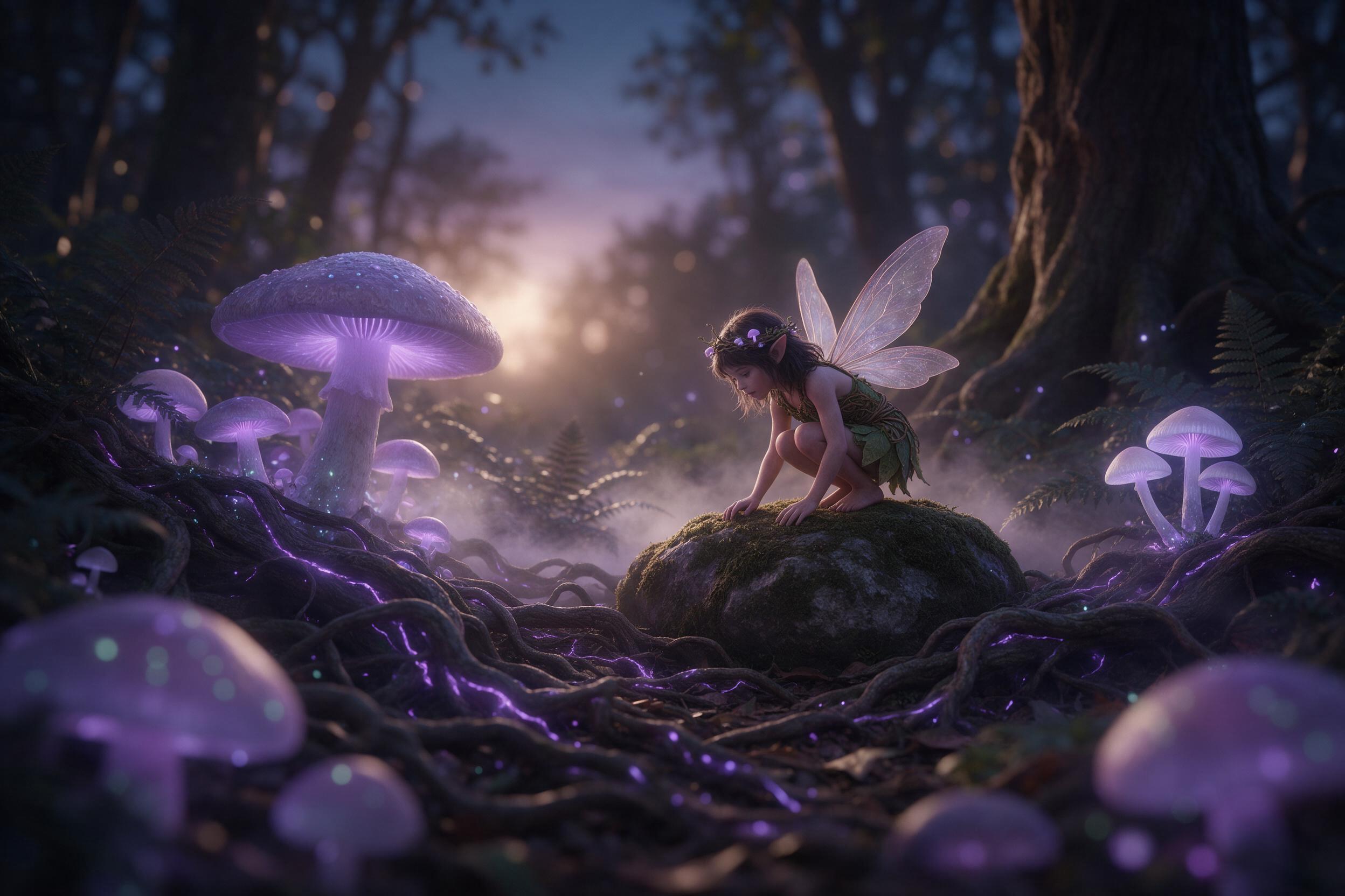 A bioluminescent forest at twilight, giant glowing mushrooms and tangled roots casting violet light, a small fairy with translucent wings perched on a mossy stone, mist weaving between ancient ferns, soft diffused amber backlight, shallow depth of field, gentle bokeh, ethereal atmosphere, muted eart