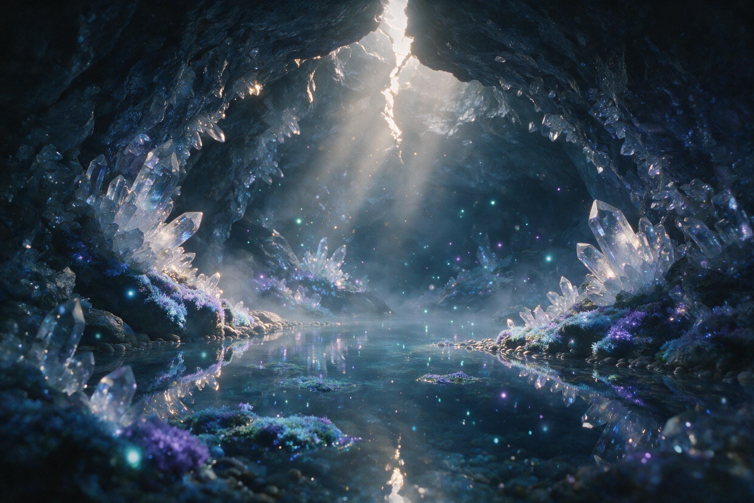 A luminous crystal cave, bioluminescent moss glowing in soft blue and purple hues, tiny floating orbs of light, a still pool reflecting the cavern ceiling, natural light filtering through a crack above, slight mist, shallow depth of field, 35mm film grain