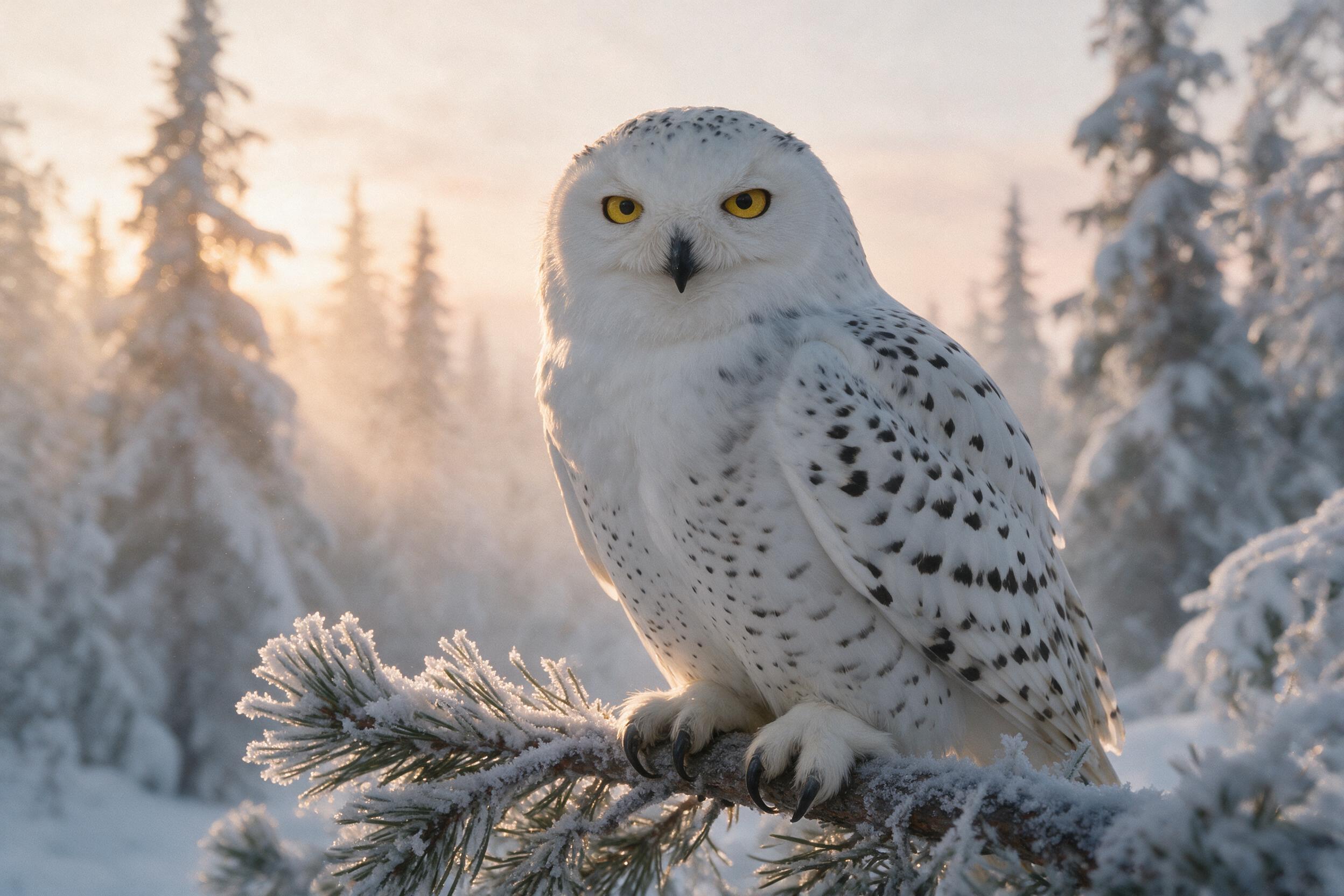 A close-up portrait of a snowy owl perched on a frost-covered pine branch at dawn, soft golden sunlight filtering through mist, feathers textured with fine detail, shallow depth of field blurring the snowy forest background, slight grain for realism.