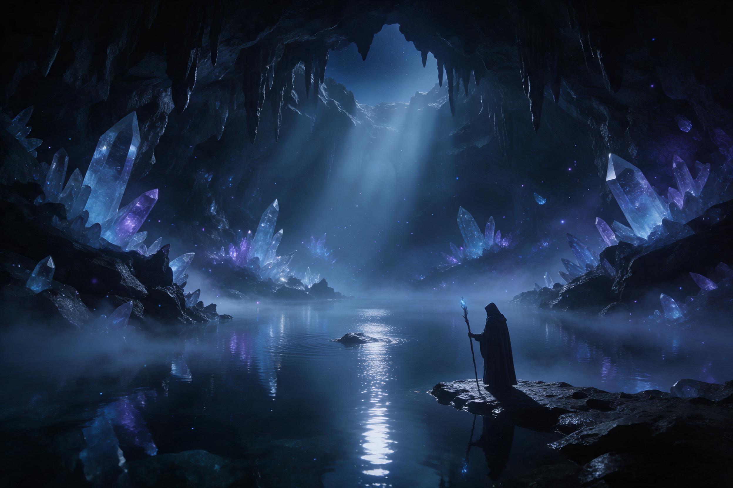 A moonlit crystal cavern, luminescent blue and violet crystals jutting from walls, a still underground lake mirrors the glow, ethereal mist swirls, a lone hooded figure stands on a rocky ledge, staff in hand, soft bioluminescent particles drift, cinematic wide shot, moody volumetric light