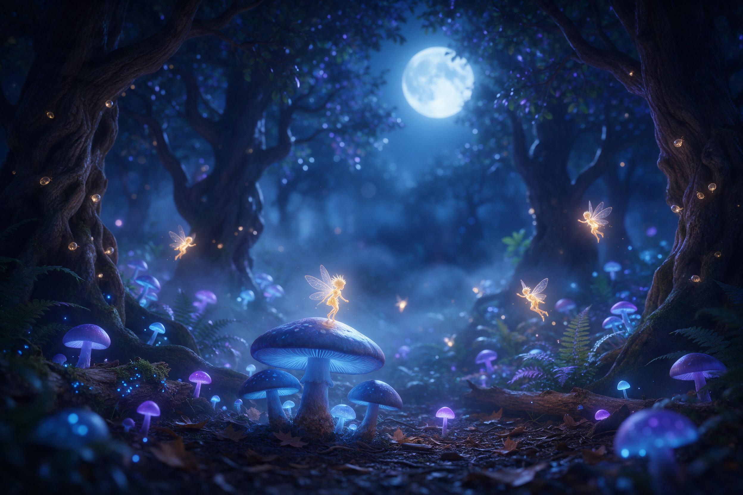 A moonlit forest clearing where bioluminescent mushrooms cast soft blue and violet glows, a gentle mist weaving between ancient gnarled trees, tiny glowing fairies flitting among ferns, the camera positioned low to capture the scene with shallow depth of field, cool tones with hints of warm golden l