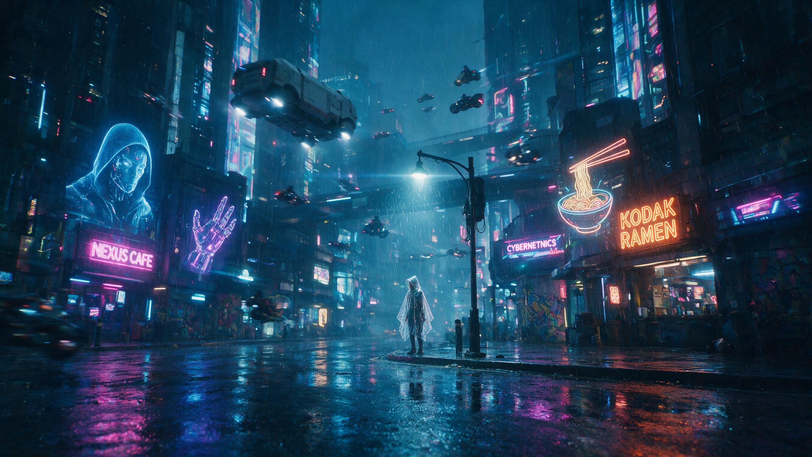 A neon-lit cyberpunk street in rain, towering holographic billboards casting blue and pink reflections on wet asphalt, a lone figure in a transparent poncho under a flickering streetlamp, slight lens flare and motion blur from passing hover vehicles, naturalistic color grading with deep shadows.