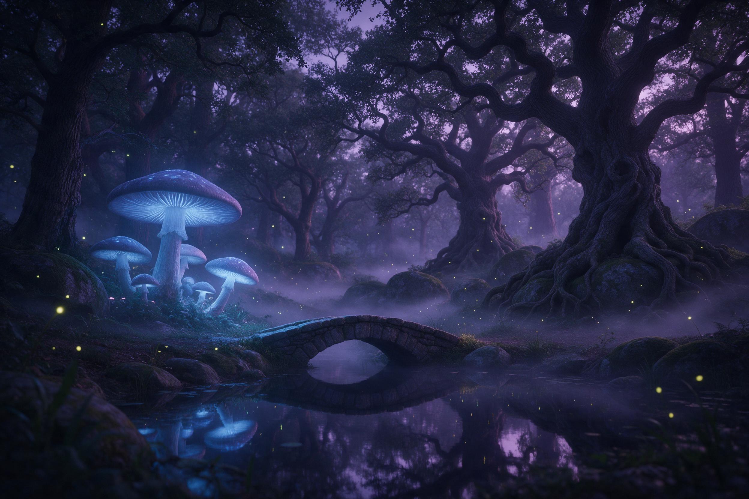Enchanted forest at twilight, massive bioluminescent mushrooms casting a soft blue glow onto a small stone bridge over a mirror-still pond, fireflies drifting through the air, ancient twisted oak trees with gnarled roots wrapping around mossy rocks, mist curling low across the ground, a faint purple