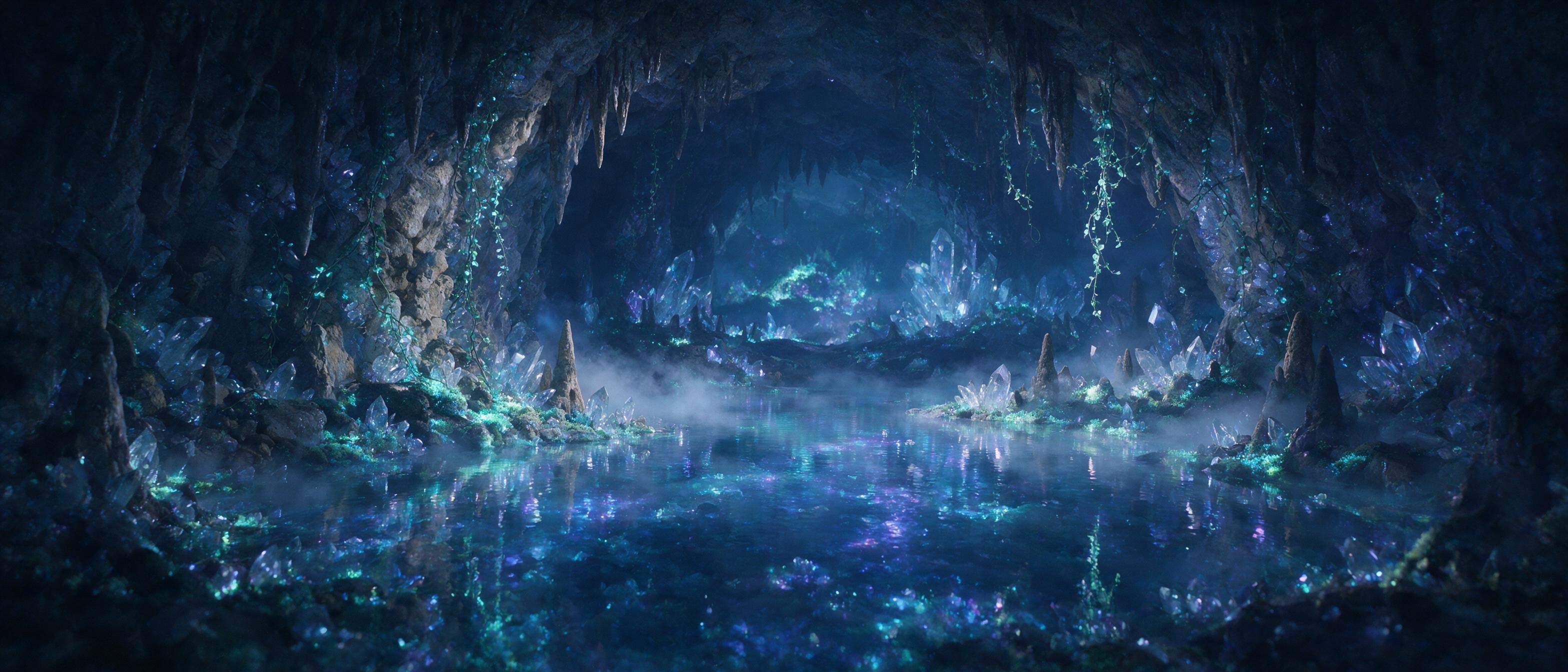 A luminous crystal cave deep underground, bioluminescent vines and moss clinging to jagged walls, a pool of glowing water reflecting shimmering light, soft mist rising, ethereal atmosphere, cinematic lighting with deep blue and violet tones, slight haze from moisture in the air, wide angle view show