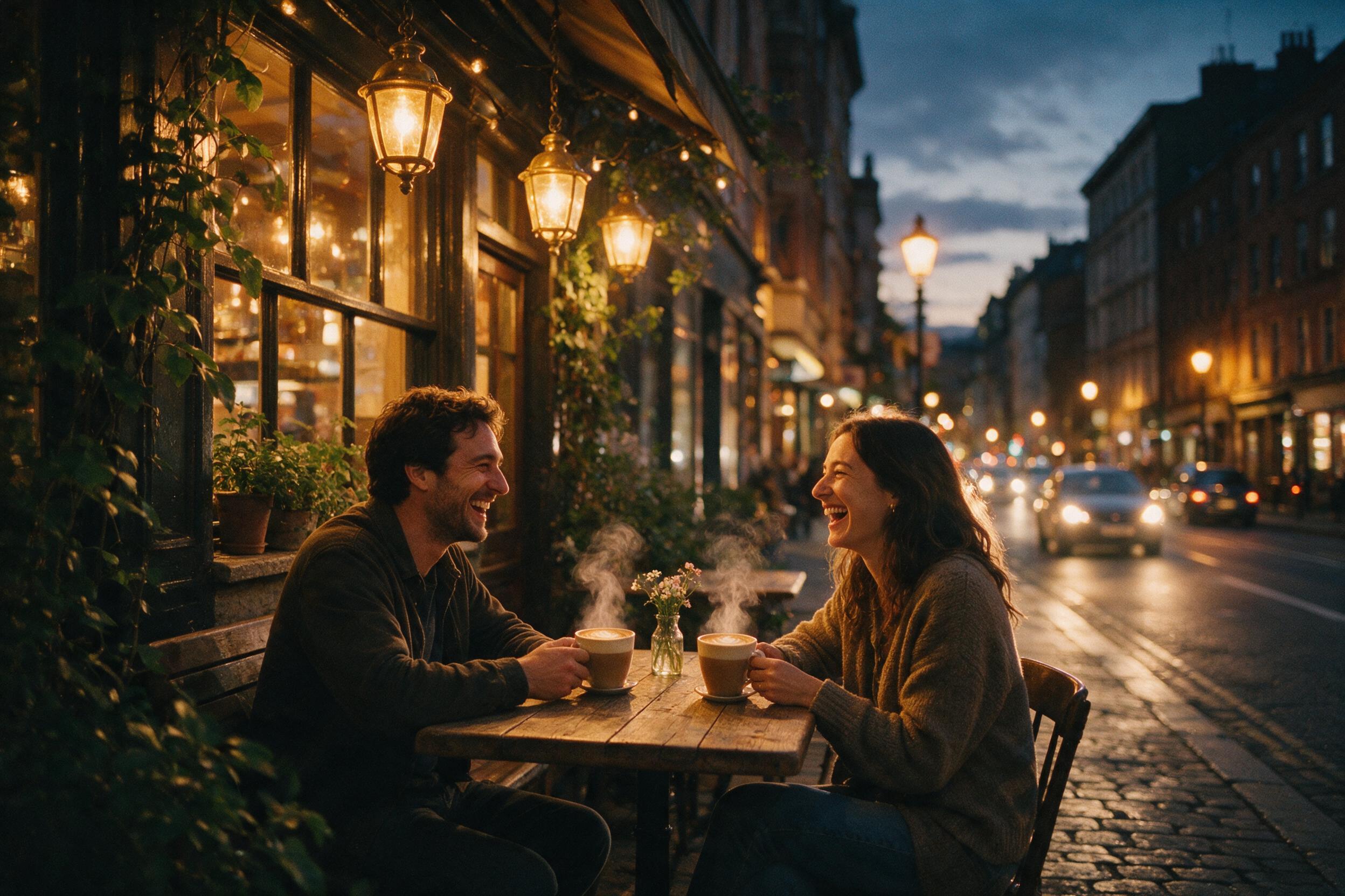 A cozy, softly lit urban street cafe at dusk, warm amber glow from hanging lanterns, a couple laughing over steaming coffee cups, blurred bokeh of city traffic in background, natural grain film aesthetic, slight camera shake, 35mm lens perspective