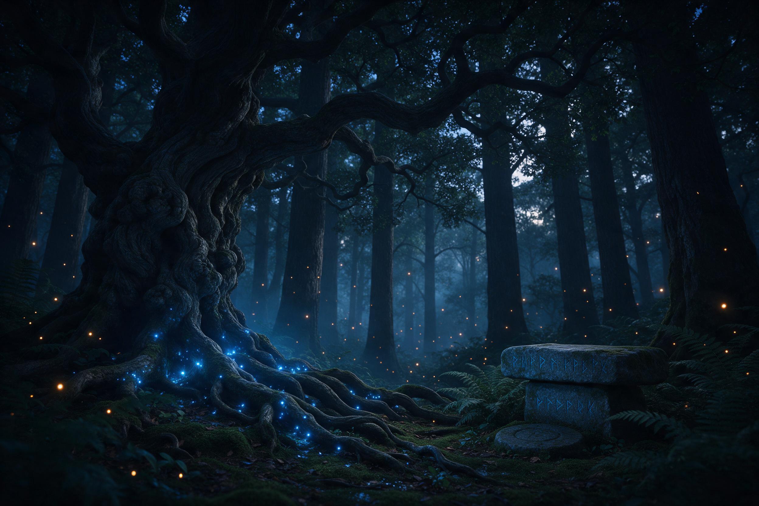 An ancient forest at dusk, massive twisted trees with glowing blue bioluminescent roots sprawling across the mossy ground. Mist weaves between silhouetted trunks, scattered fireflies like floating lanterns. A small stone altar half-hidden in ferns, carved with runic symbols. Soft rim lighting from t
