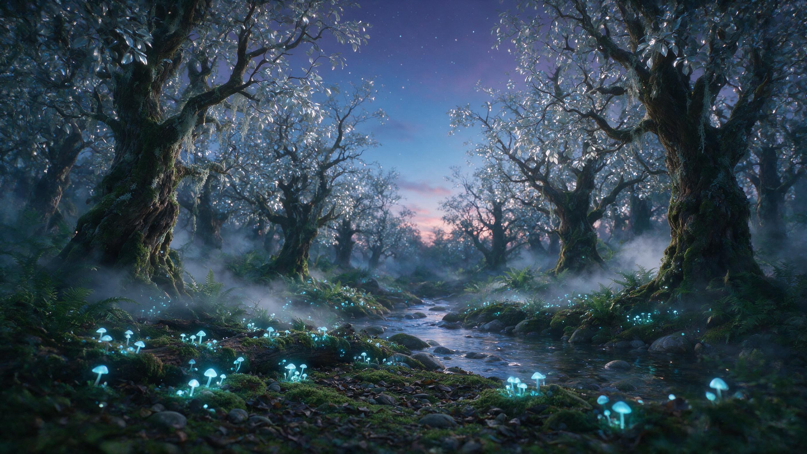 A luminous forest at twilight, glowing mushrooms casting soft blue light on mossy ground, ancient twisted trees with silver leaves, a gentle stream reflecting starlight, mist weaving through ferns, ethereal atmosphere, soft focus, cinematic composition