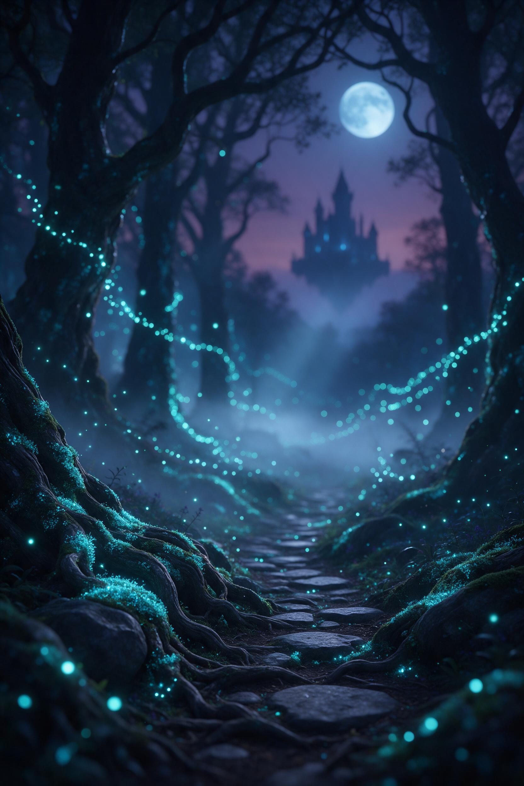 A bioluminescent forest at twilight, ancient twisted trees with glowing cyan moss, fireflies streaming like river currents, a stone path leading to a floating castle silhouette, ethereal mist, soft blue and purple palette, gentle moonlight rays piercing canopy, dreamlike atmosphere, shallow depth of