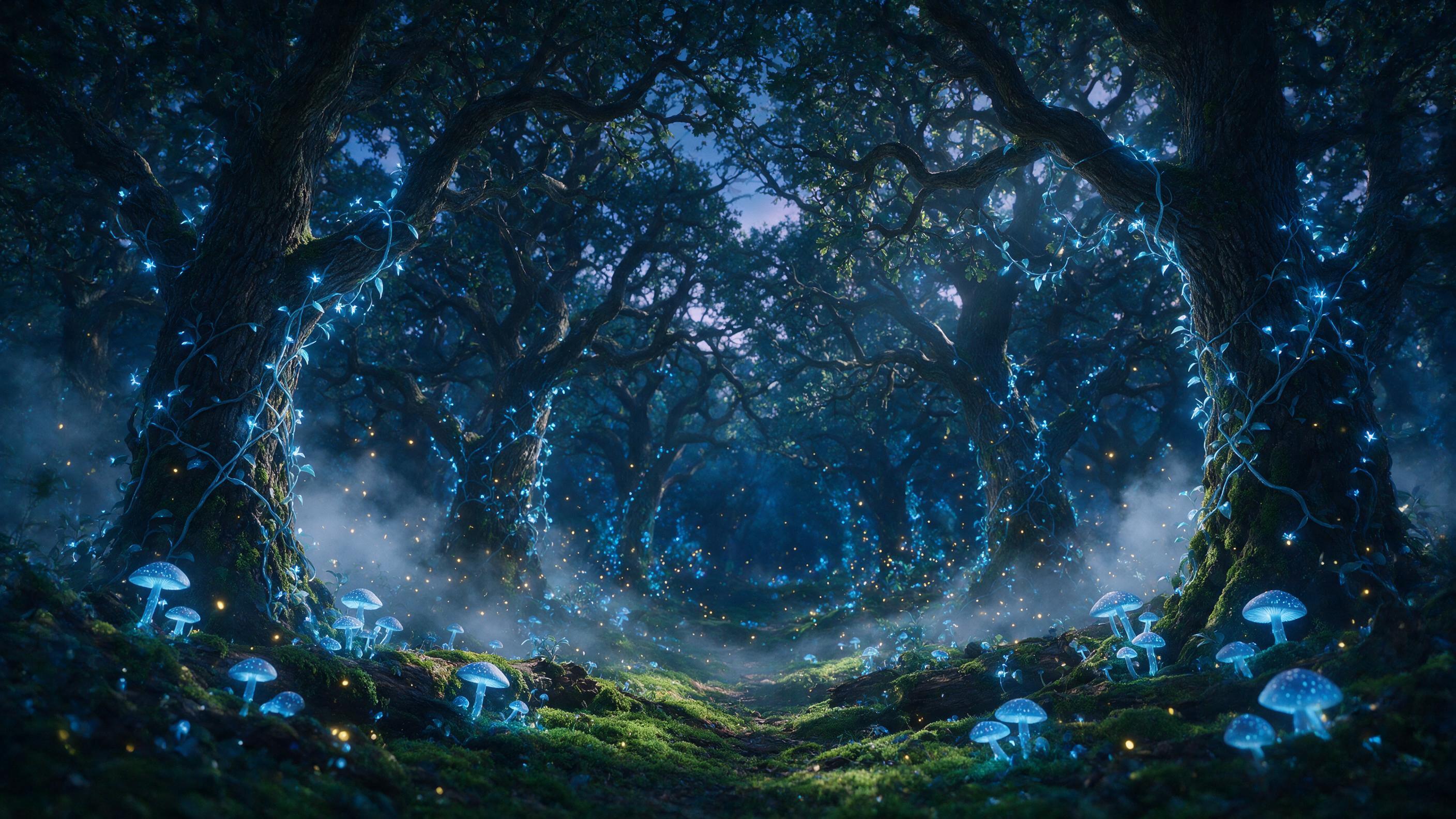 A mystical forest at twilight, where glowing blue mushrooms and luminescent vines wrap around ancient oak trees. Soft mist swirls between trunks, while a faint, ethereal light filters through the canopy. Fireflies drift in the air, casting a gentle, magical glow. The atmosphere is calm, enchanting, 