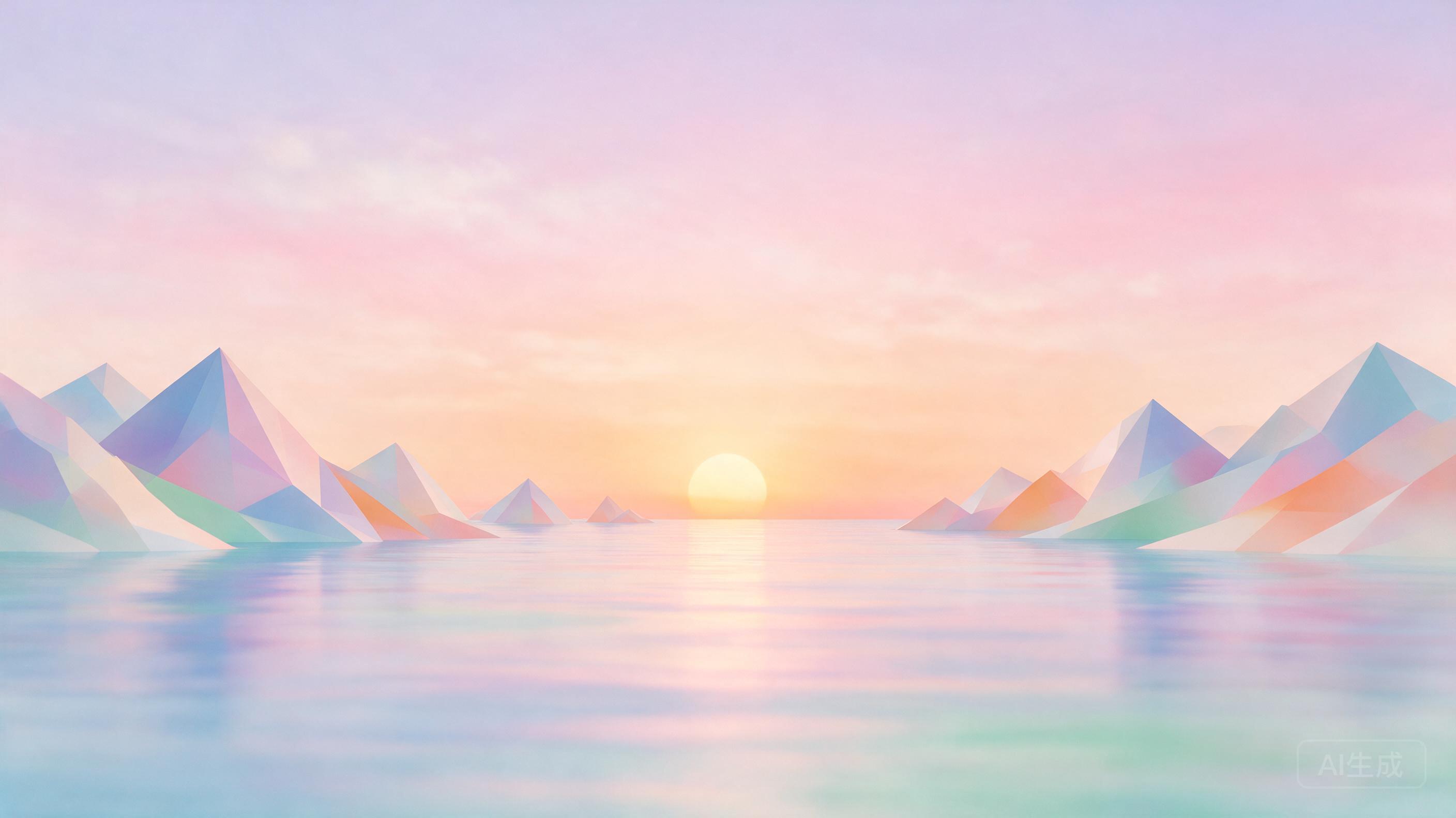 Minimalist geometric landscape in pastel tones, soft gradients, abstract mountains meeting calm ocean at sunset